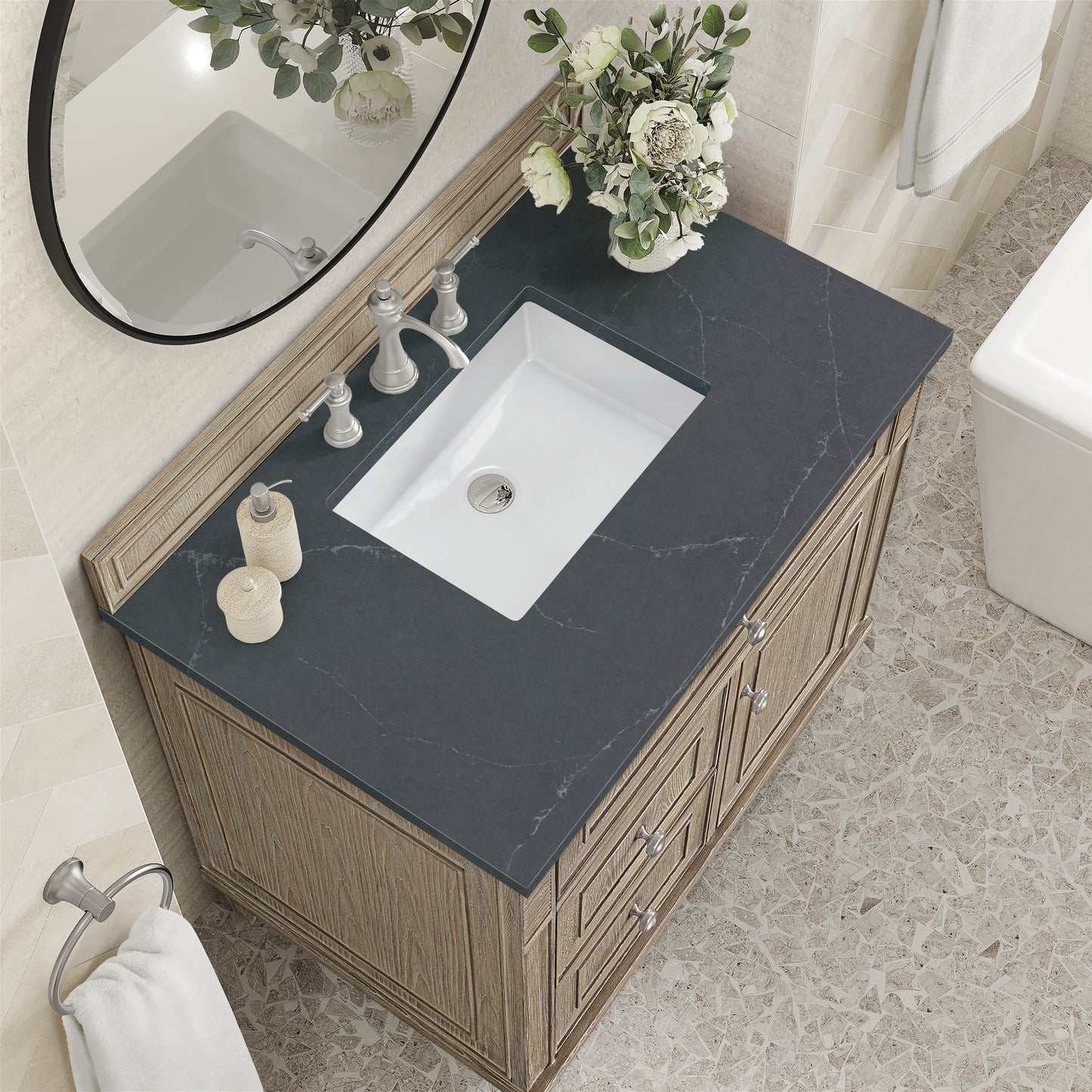 Lorelai 36" Single Vanity, Whitewashed Oak w/ 3 CM Charcoal Soapstone Silestone Top