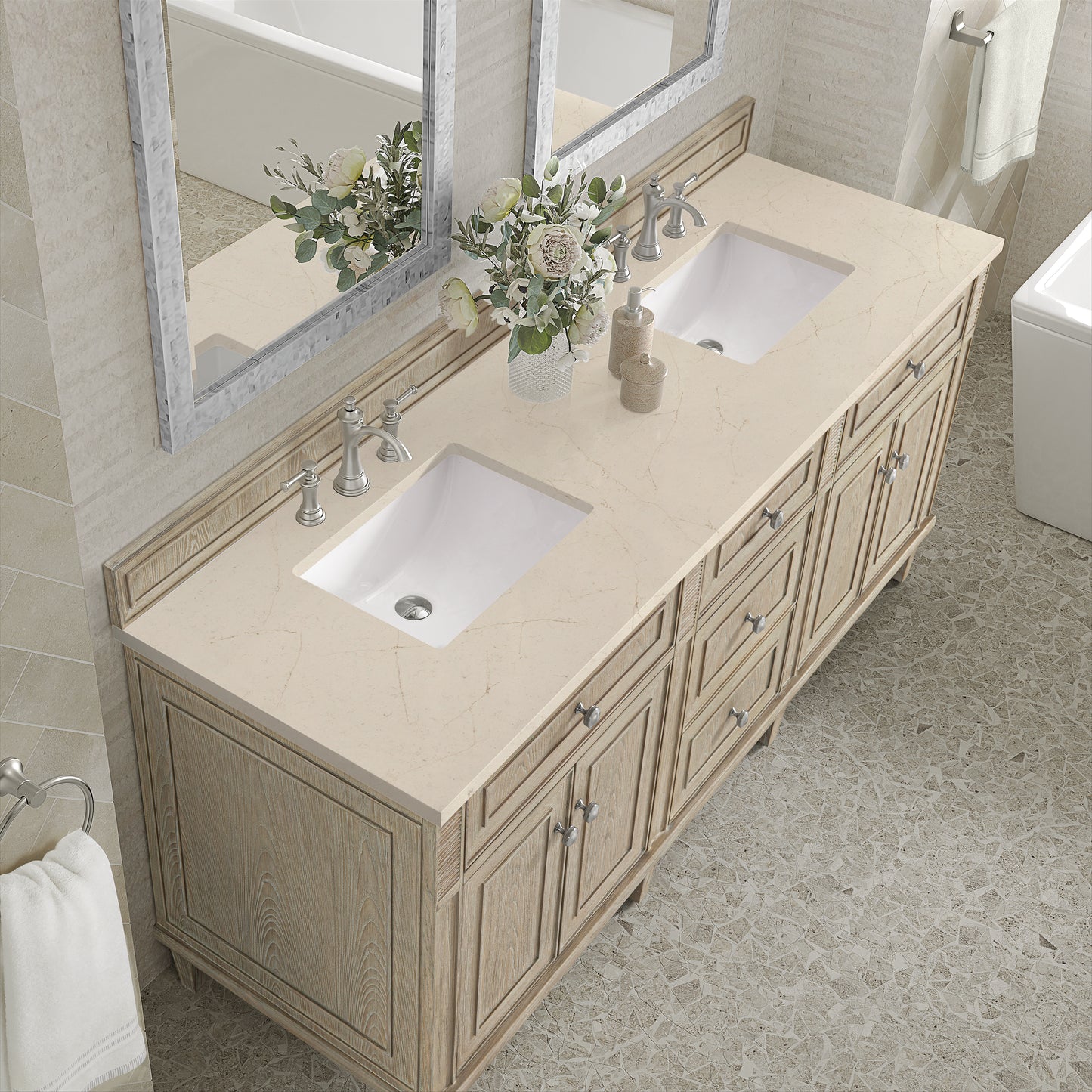 Lorelai 72" Double Vanity, Whitewashed Oak w/ 3 CM Eternal Marfil Silestone Top