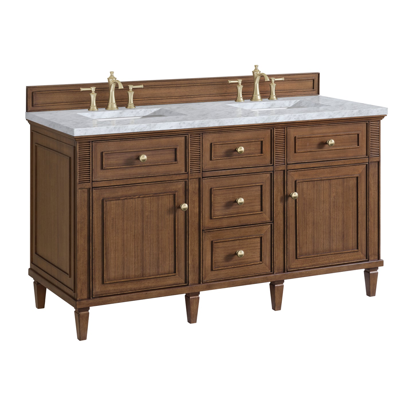 Lorelai 60" Double Vanity, Mid-Century Walnut w/ 3 CM Carrara White Marble Top