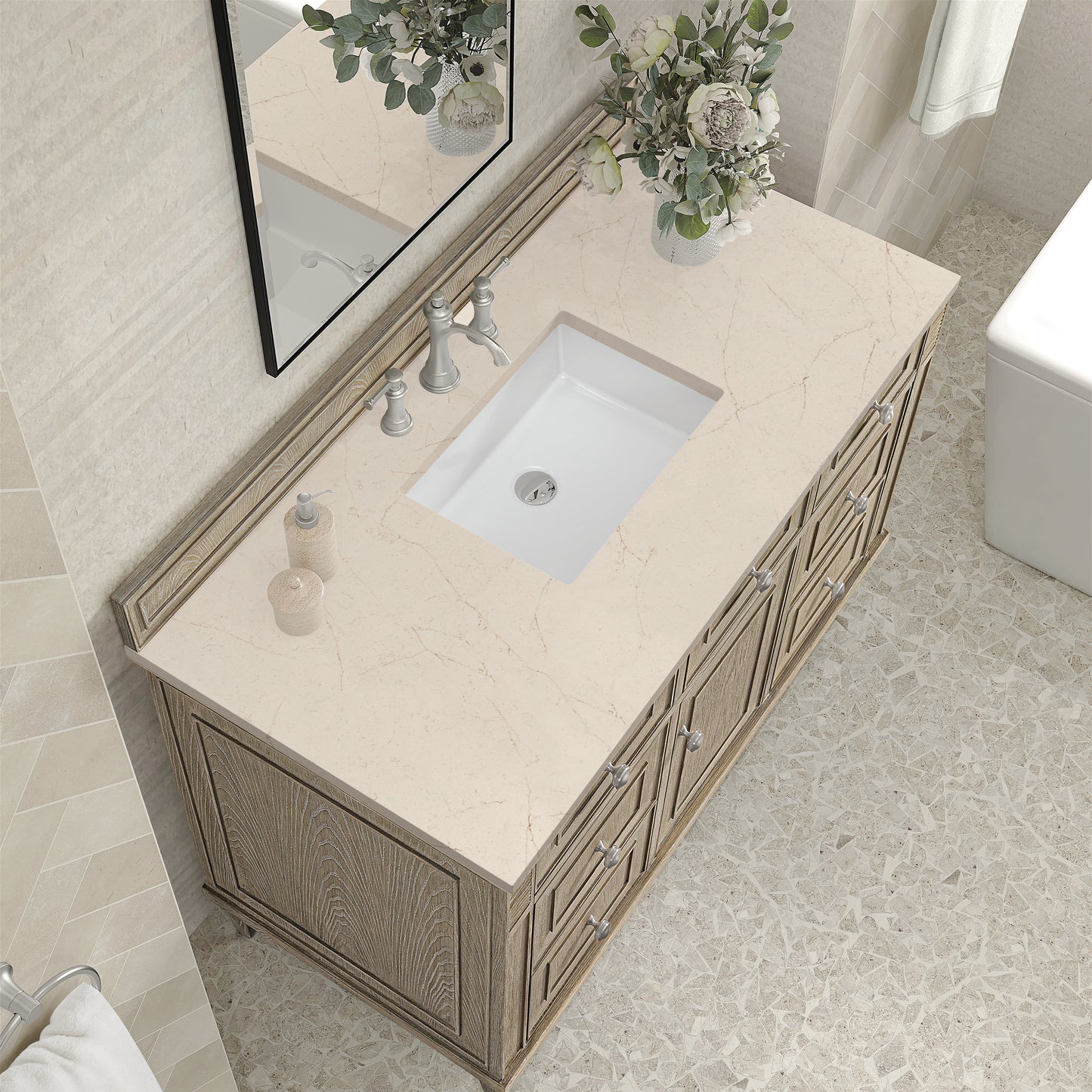 Lorelai 48" Single Vanity, Whitewashed Oak w/ 3 CM Eternal Marfil Silestone Top