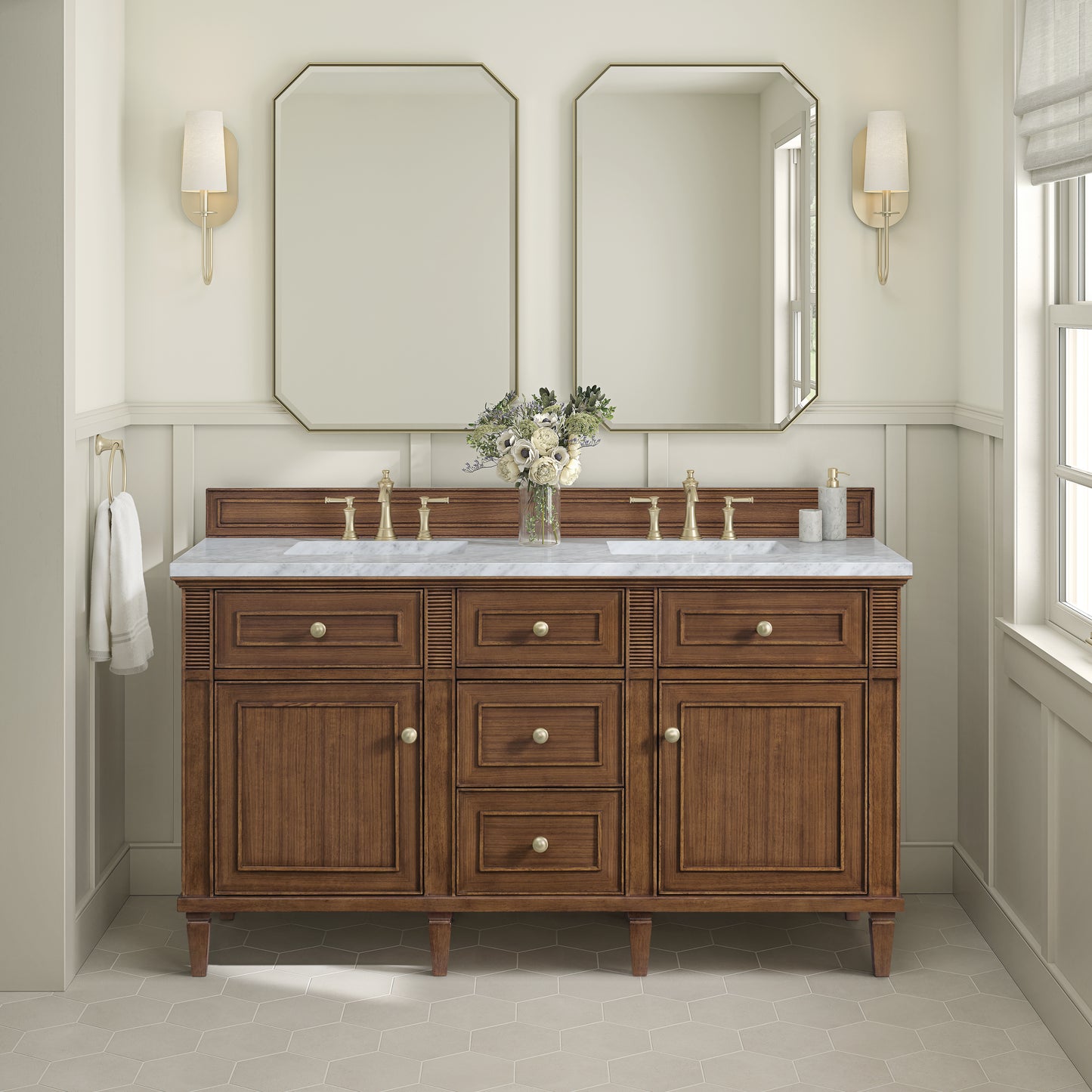 Lorelai 60" Double Vanity, Mid-Century Walnut w/ 3 CM Carrara White Marble Top