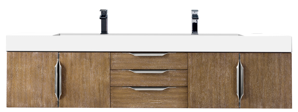 Columbia 72" Double Wall Mount Vanity, Latte Oak, Brushed Nickel w/ Glossy White Composite Stone Top