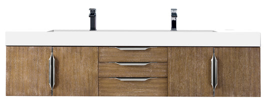 Columbia 72" Double Wall Mount Vanity, Latte Oak, Brushed Nickel w/ Glossy White Composite Stone Top