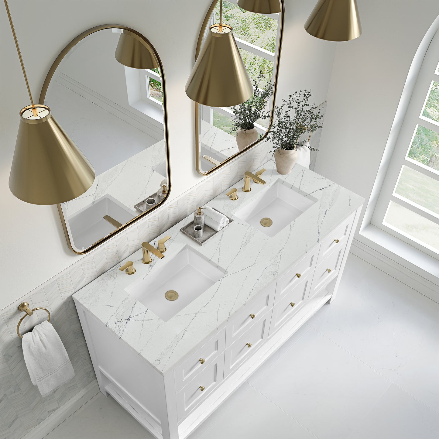 Breckenridge 60" Double Vanity, Bright White, w/ 3 CM Ethereal Noctis Quartz Top