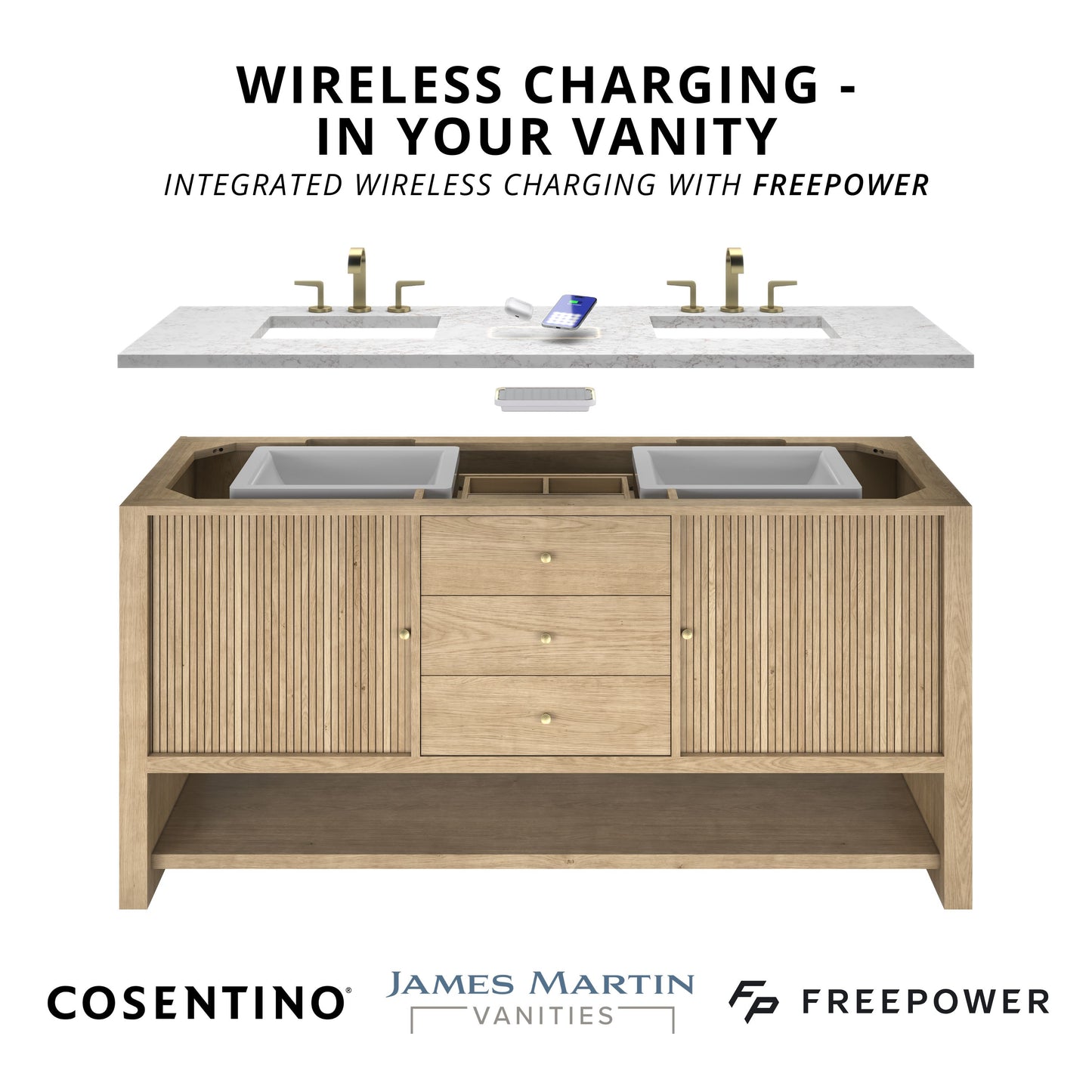 Breckenridge 60" Single Vanity, Light Natural Oak, w/ 3 CM Victorian Silver Silestone Top w/ FreePower Wireless Charger