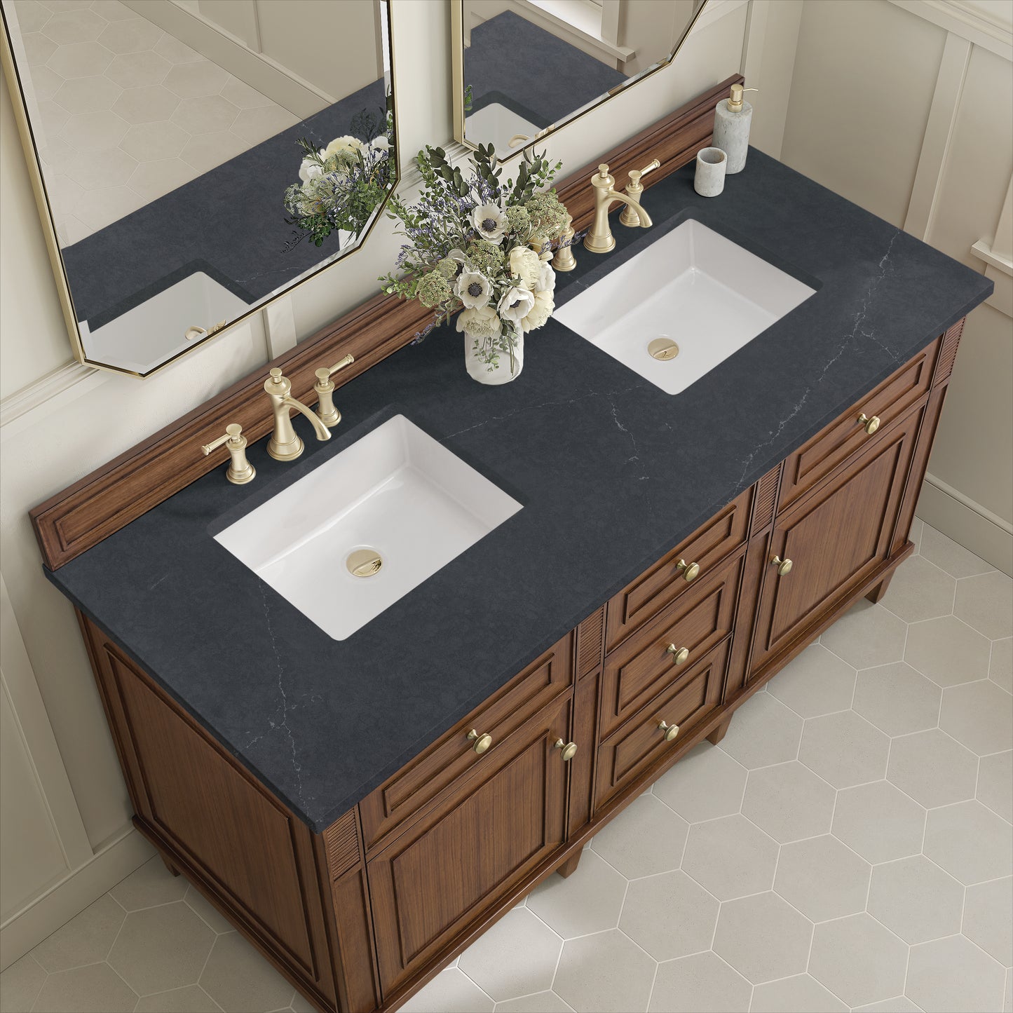 Lorelai 60" Double Vanity, Mid-Century Walnut w/ 3 CM Charcoal Soapstone Silestone Top