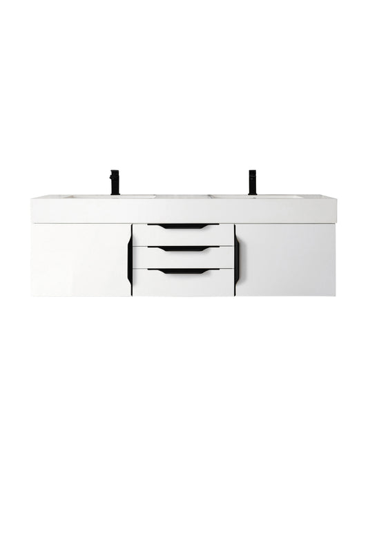 Columbia 59" Double Wall Mount Vanity, Glossy White, Matte Black w/ Glossy White Composite Stone Top