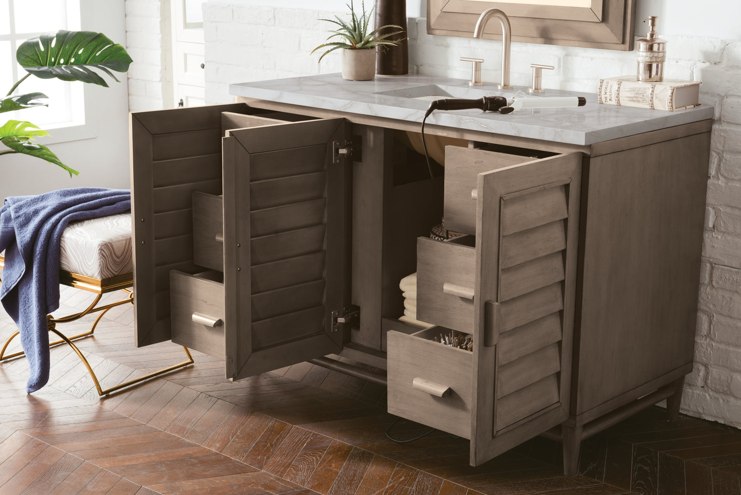 Portland 48" Single Vanity Whitewashed Walnut w/ 3 CM Victorian Silver Silestone Top