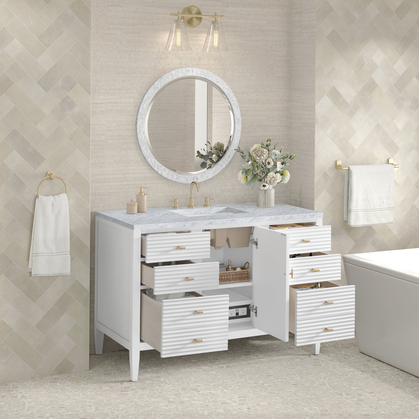 Myrrin 48" Vanity, Bright White w/ 3 CM Carrara White Marble Top