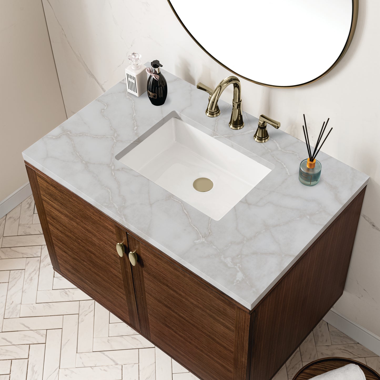 Amberly 36" Single Vanity, Mid-Century Walnut w/ 3 CM Victorian Silver Top