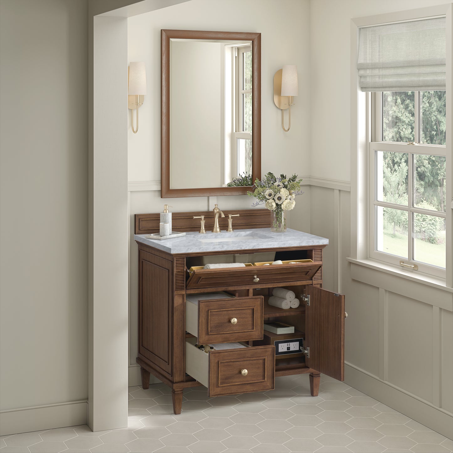 Lorelai 36" Single Vanity, Mid-Century Walnut w/ 3 CM Carrara White Marble Top