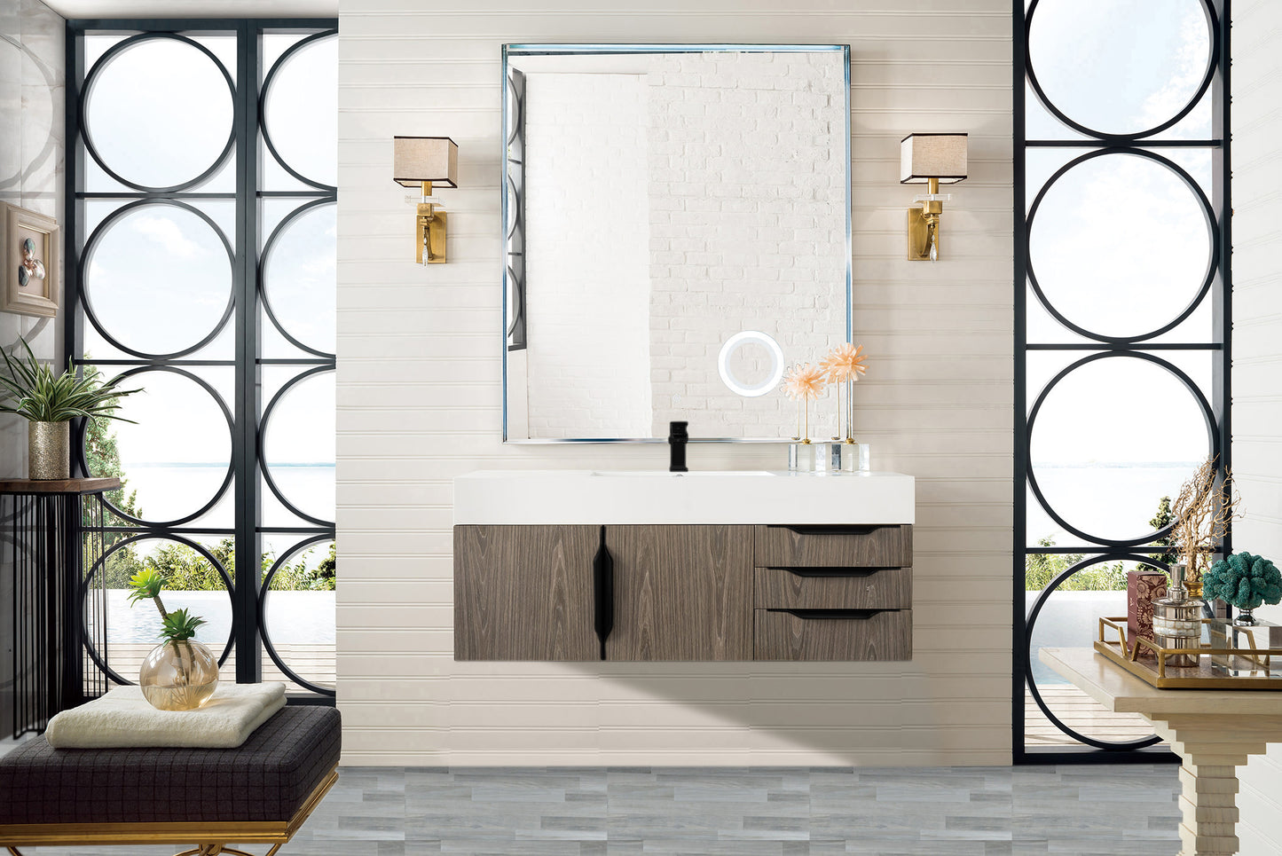 Columbia 48" Single Wall Mount Vanity, Ash Gray, Matte Black w/ Glossy White Composite Stone Top
