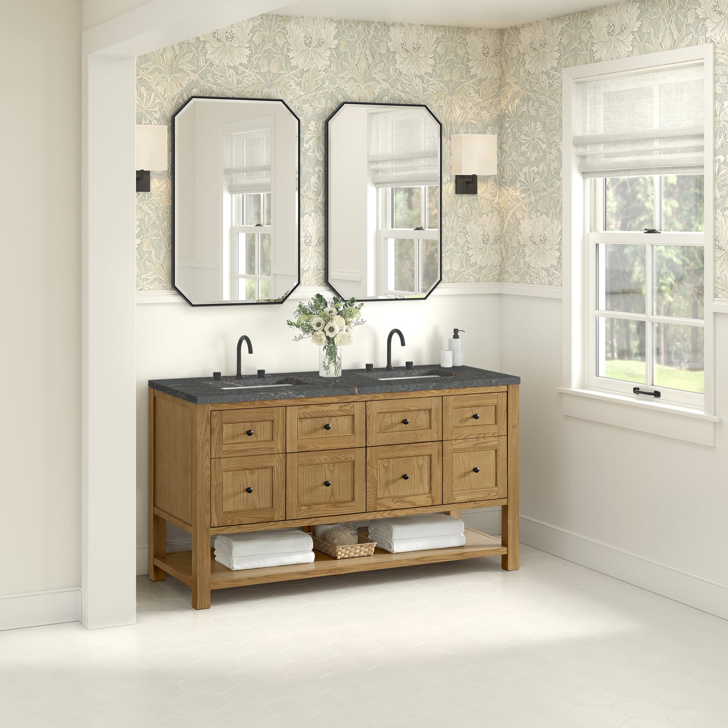 Breckenridge 60" Double Vanity, Light Natural Oak, w/ 3 CM Parisien Bleu Quartz Top