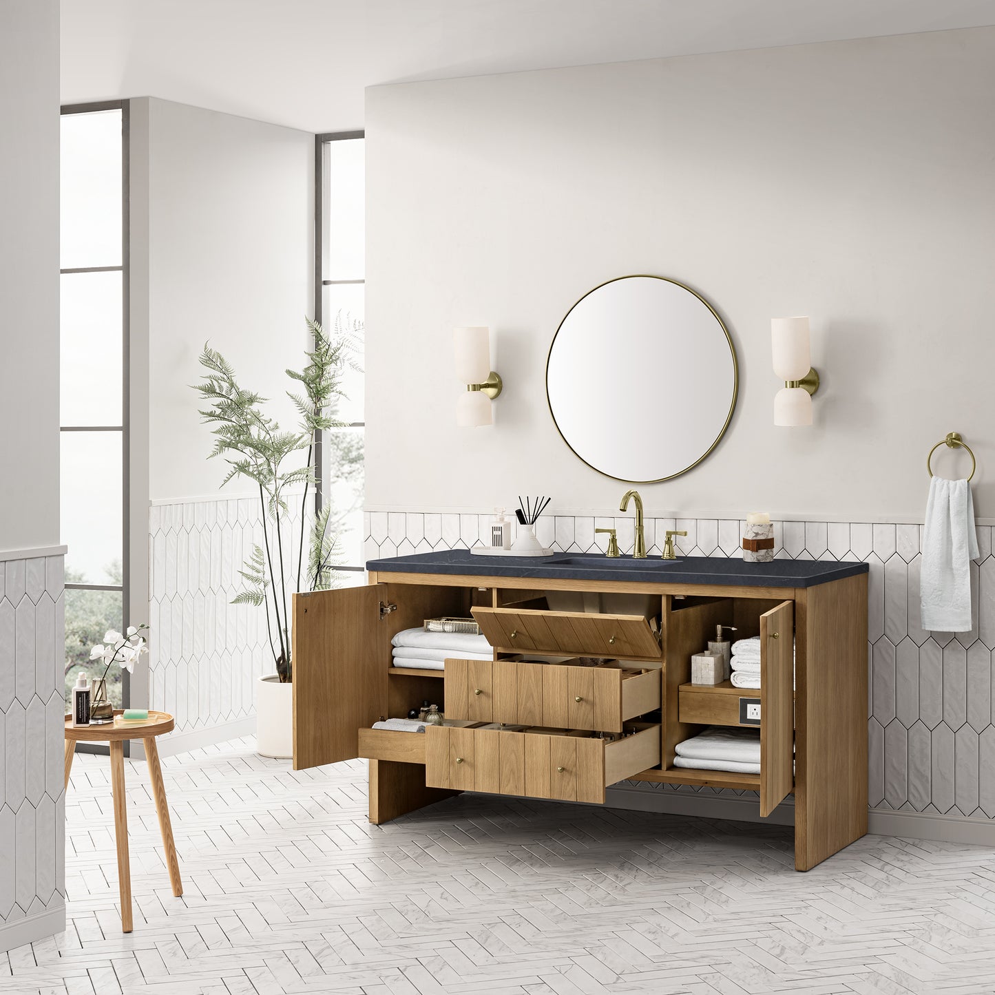 Hudson 60" Single Vanity, Light Natural Oak w/ 3 CM Charcoal Soapstone Top