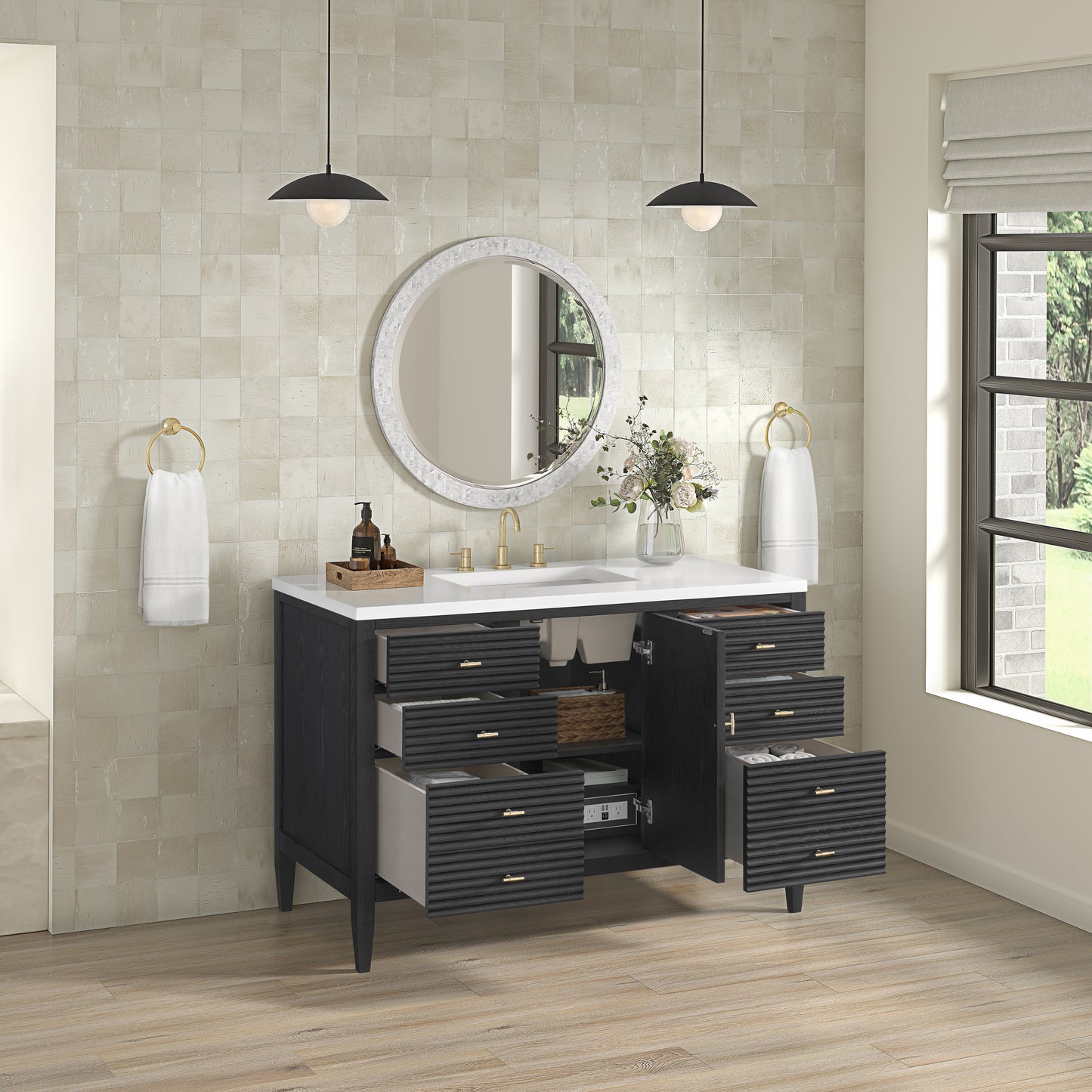 Myrrin 48" Vanity, Carbon Oak w/ 3 CM White Zeus Silestone Top