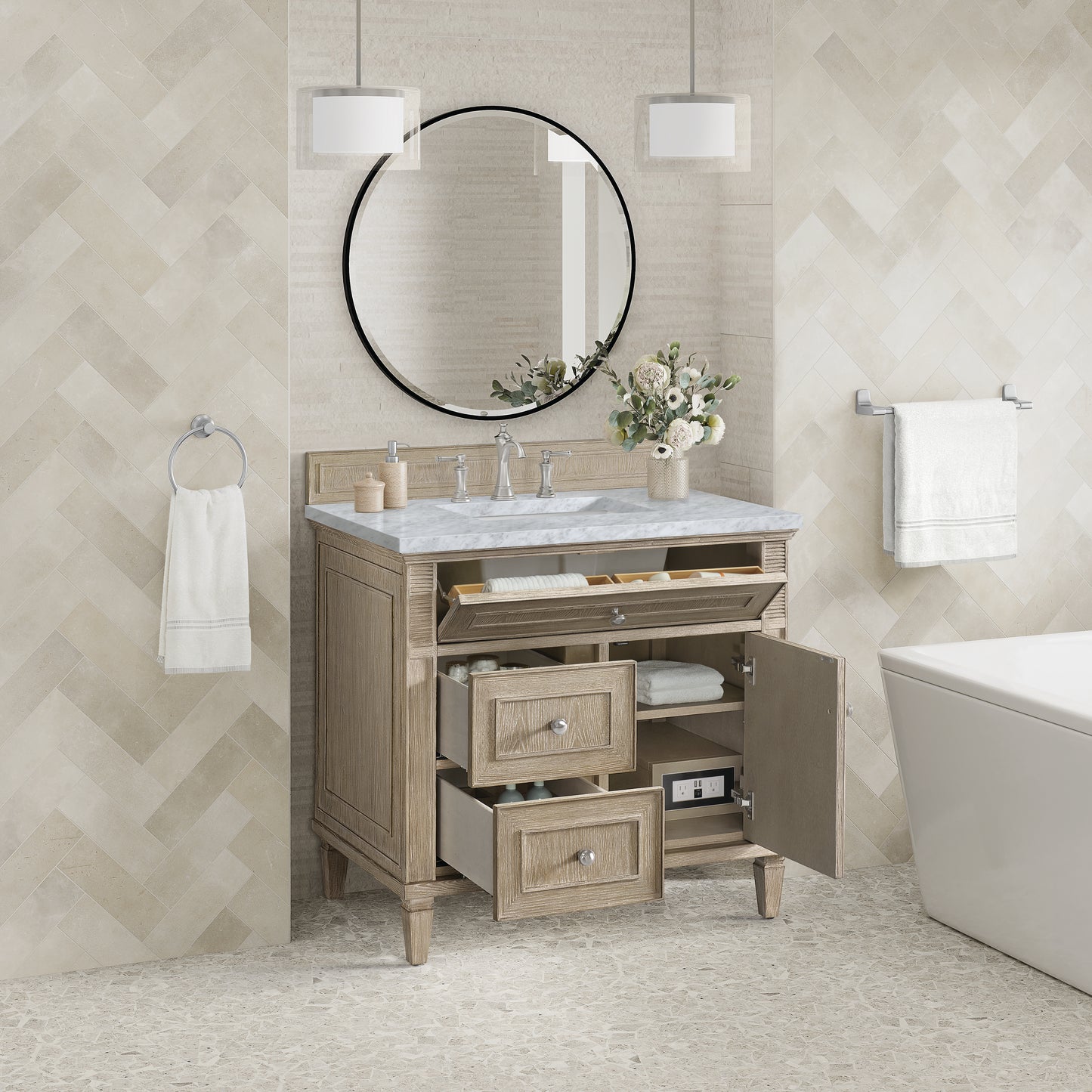 Lorelai 36" Single Vanity, Whitewashed Oak w/ 3 CM Carrara White Marble Top