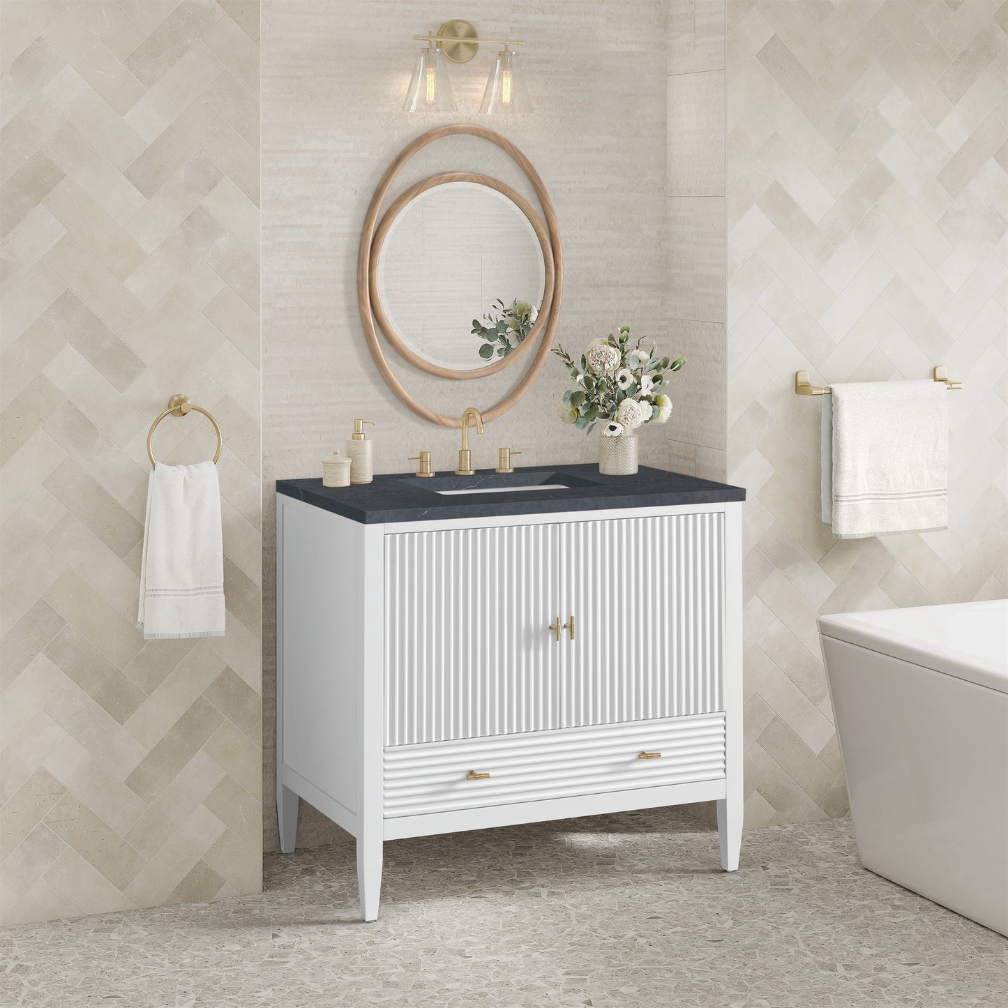 Myrrin 36" Vanity, Bright White w/ 3 CM Charcoal Soapstone Silestone Top