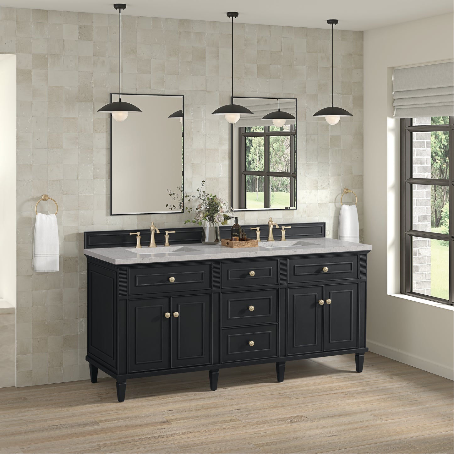 Lorelai 72" Double Vanity, Black Onyx w/ 3 CM Eternal Jasmine Pearl Silestone Top