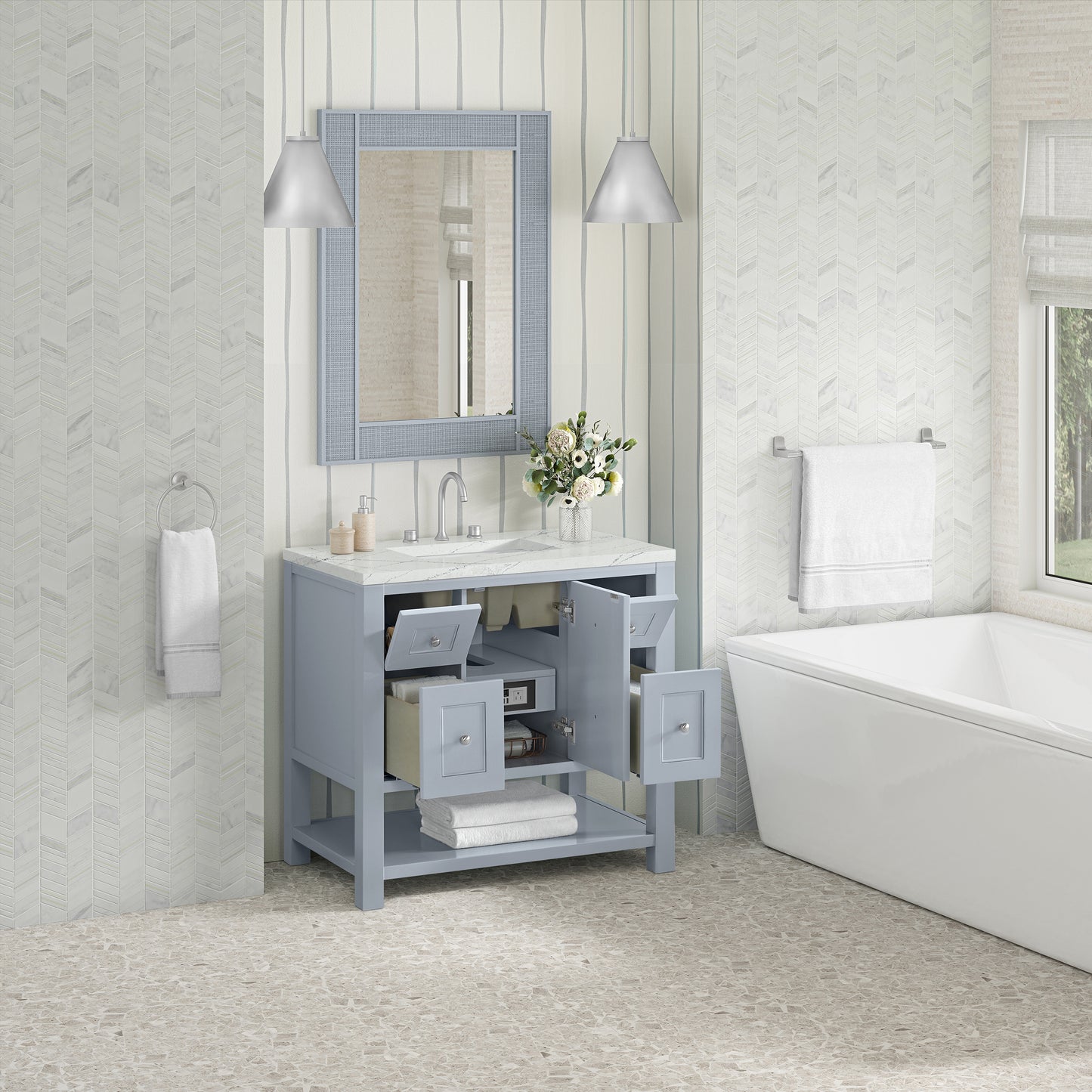 Breckenridge 36" Single Vanity, Serenity Blue, w/ 3 CM Ethereal Noctis Quartz Top