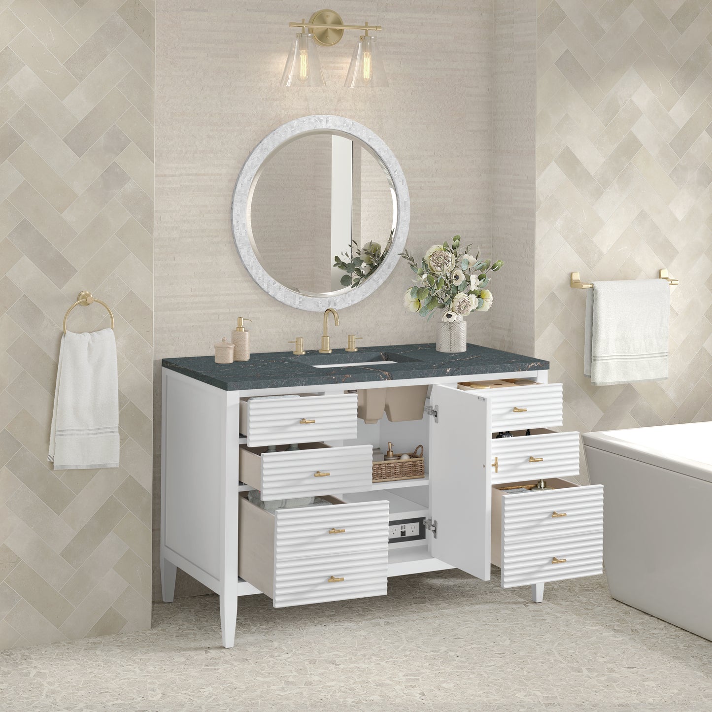 Myrrin 48" Vanity, Bright White w/ 3 CM Parisien Bleu Silestone Top