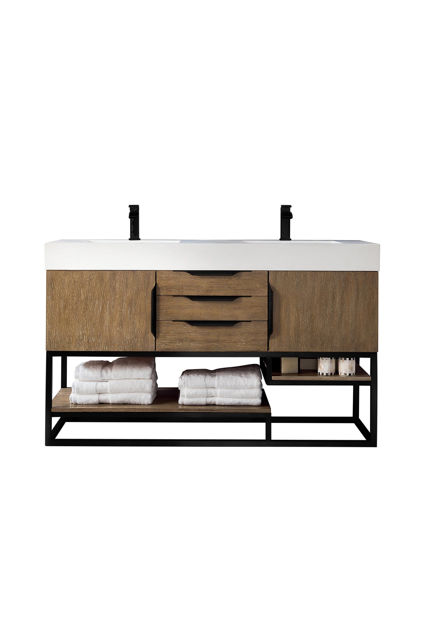 Columbia 59" Double Vanity, Latte Oak, Matte Black w/ Glossy White Composite Stone Top