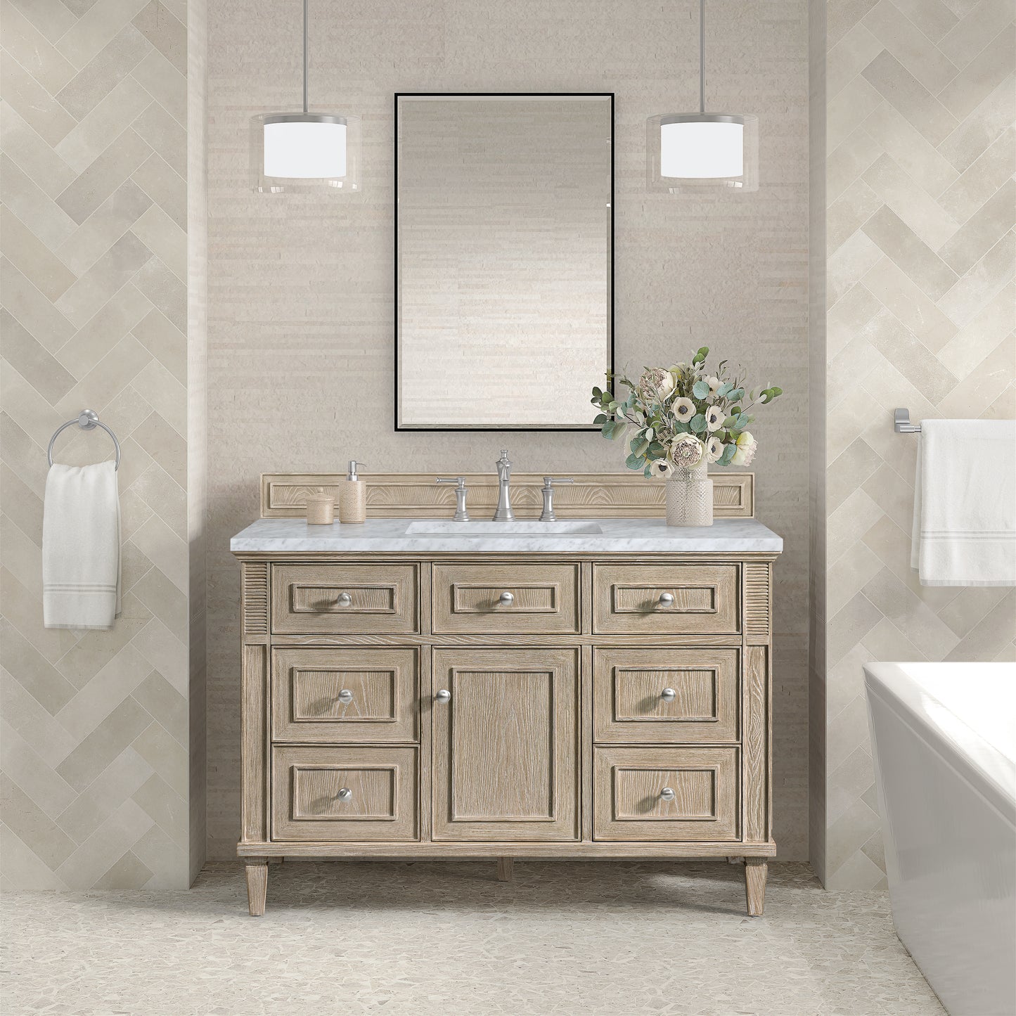 Lorelai 48" Single Vanity, Whitewashed Oak w/ 3 CM Carrara White Marble Top