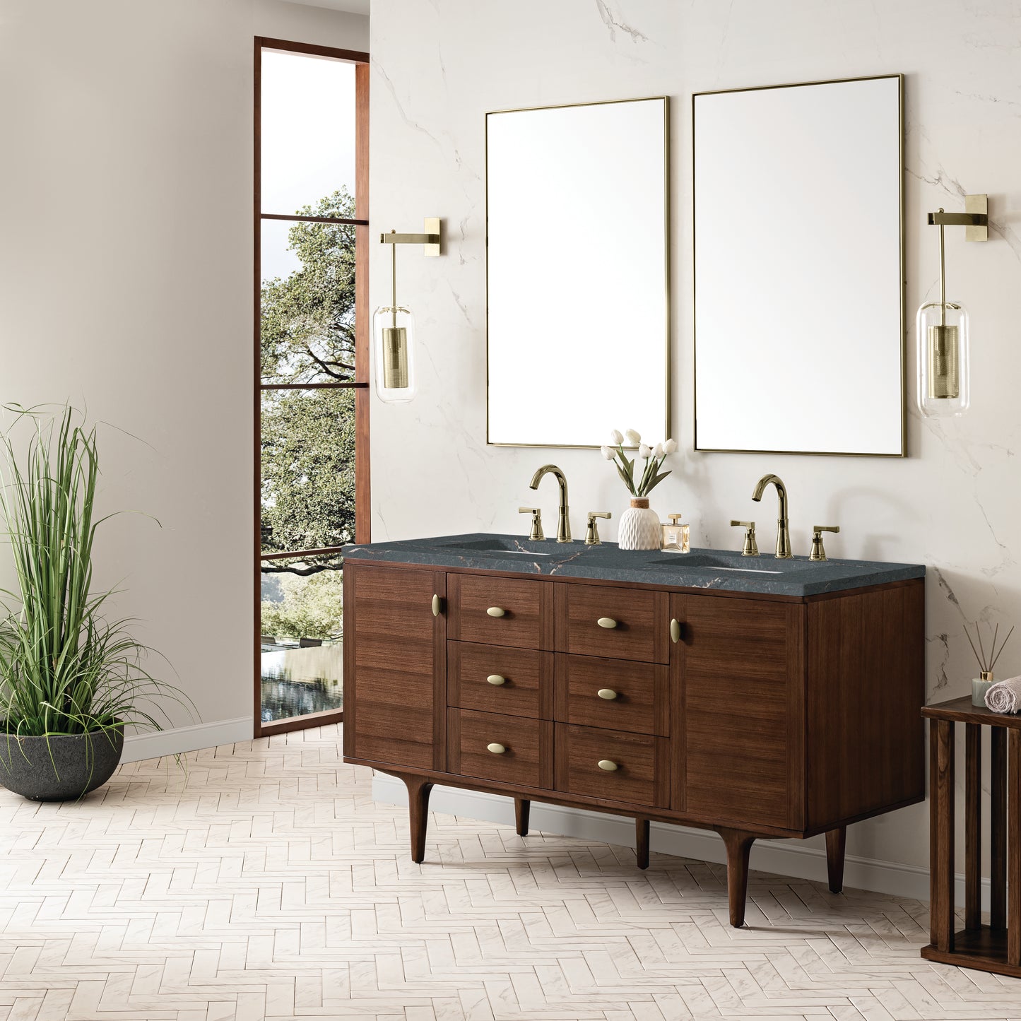 Amberly 60" Double Vanity, Mid-Century Walnut w/ 3 CM Parisien Bleu Top