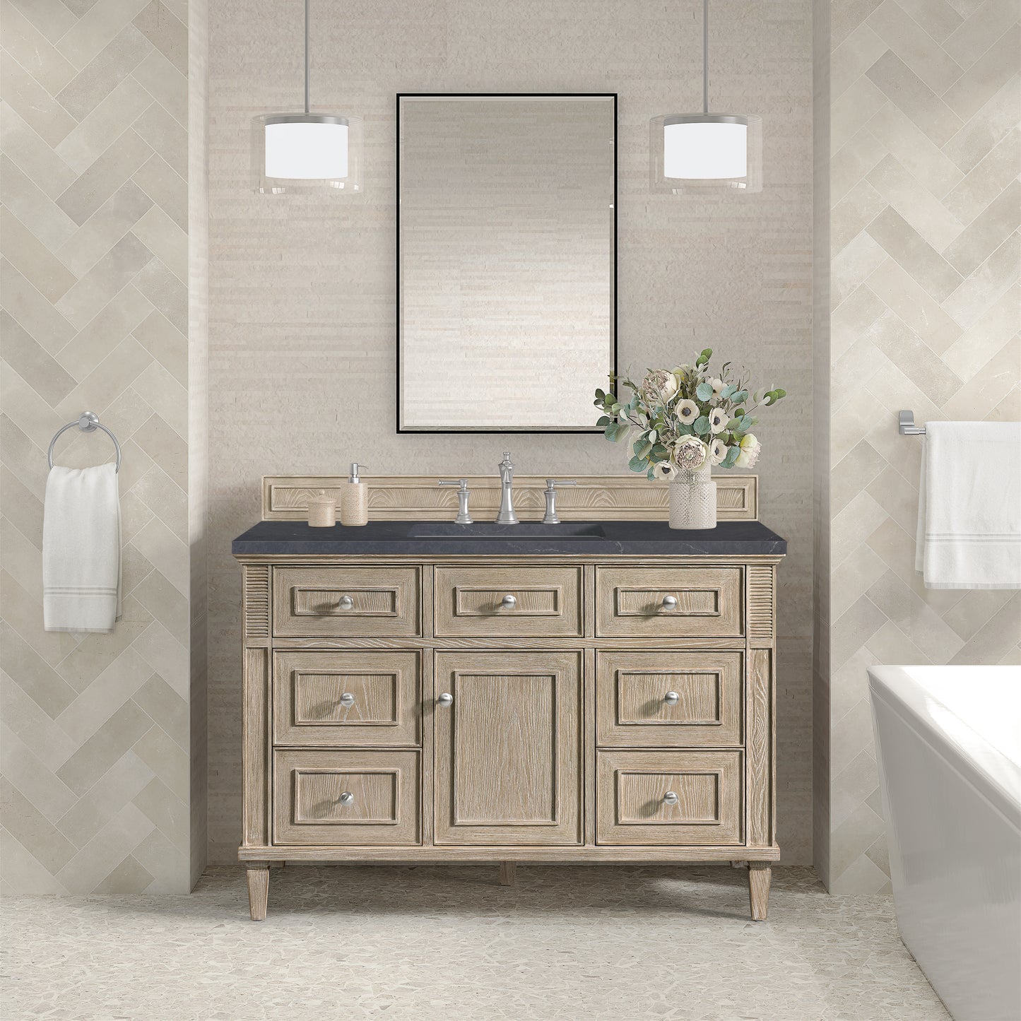 Lorelai 48" Single Vanity, Whitewashed Oak w/ 3 CM Charcoal Soapstone Silestone Top