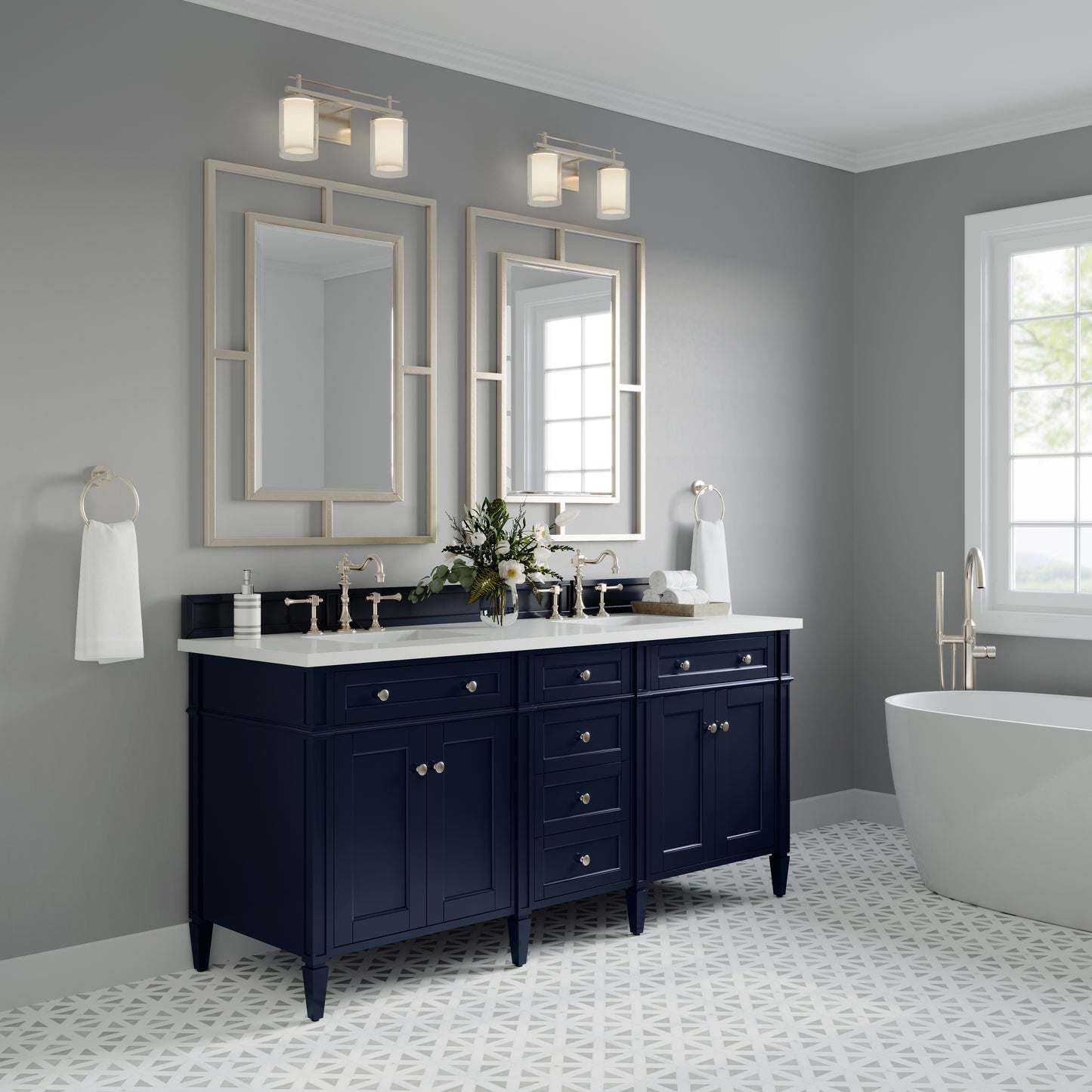 Brittany 72" Double Vanity, Victory Blue w/ 3 CM White Zeus Silestone Top