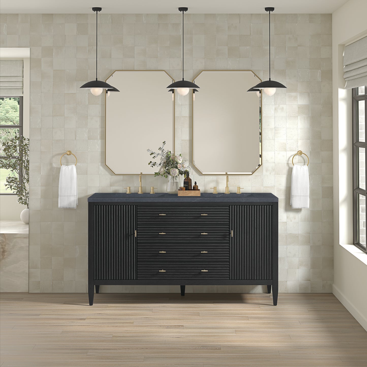 Myrrin 60" Double Vanity, Carbon Oak w/ 3 CM Charcoal Soapstone Silestone Top