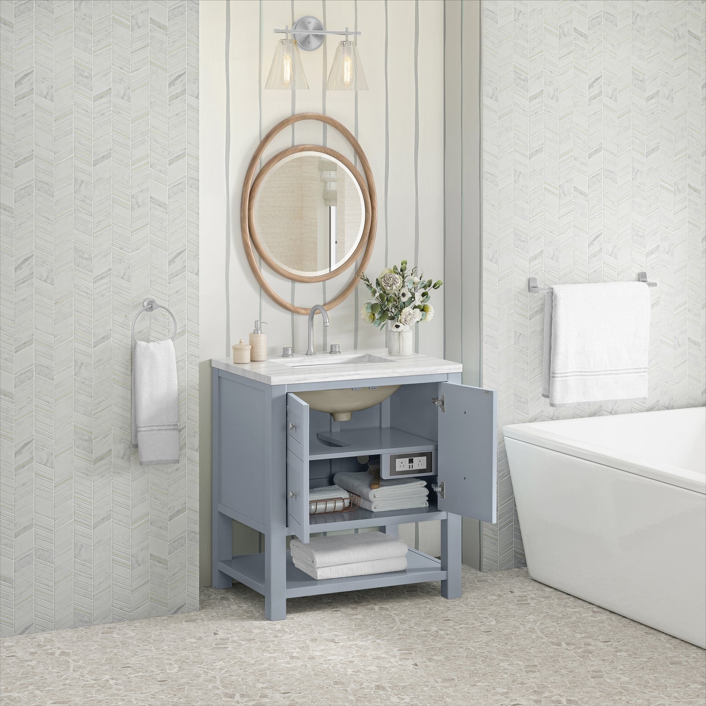Breckenridge 30" Single Vanity, Serenity Blue, w/ 3 CM Arctic Fall Solid Surface Top
