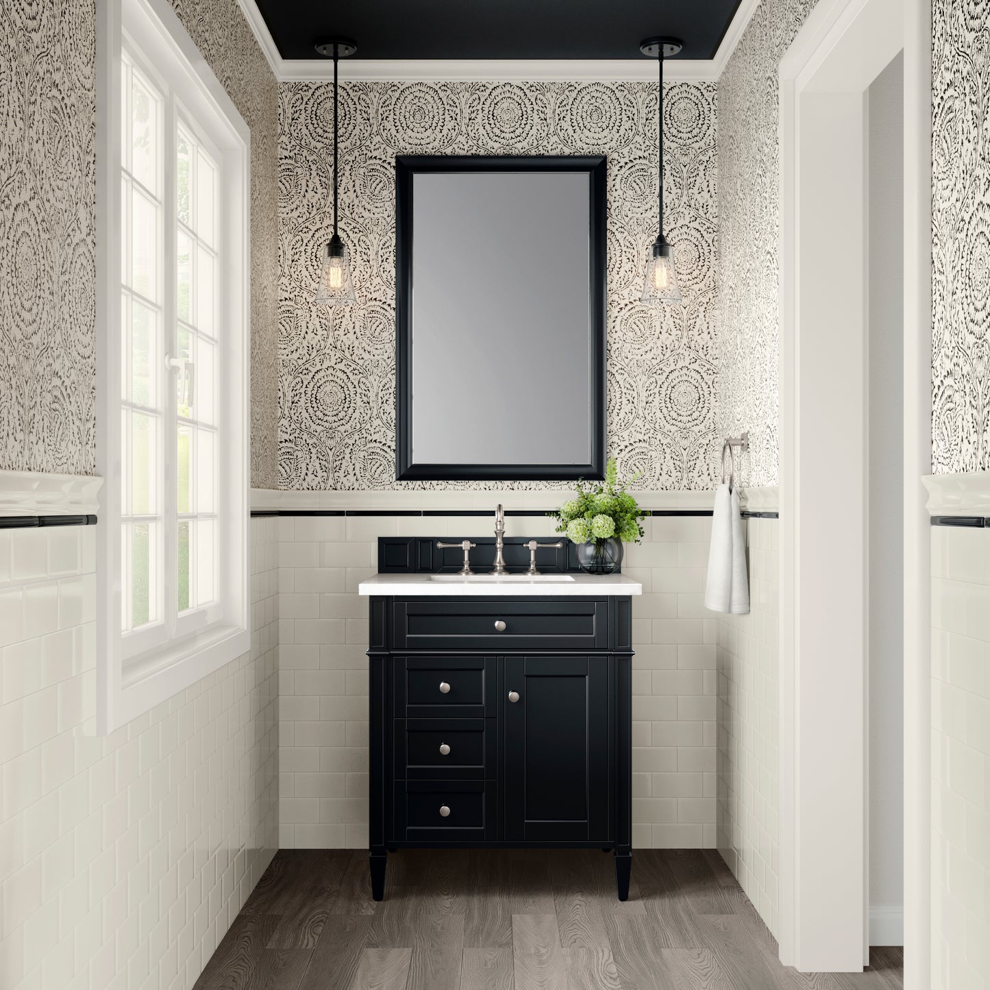 Brittany 30" Single Vanity, Black Onyx, w/ 3 CM White Zeus Silestone Top