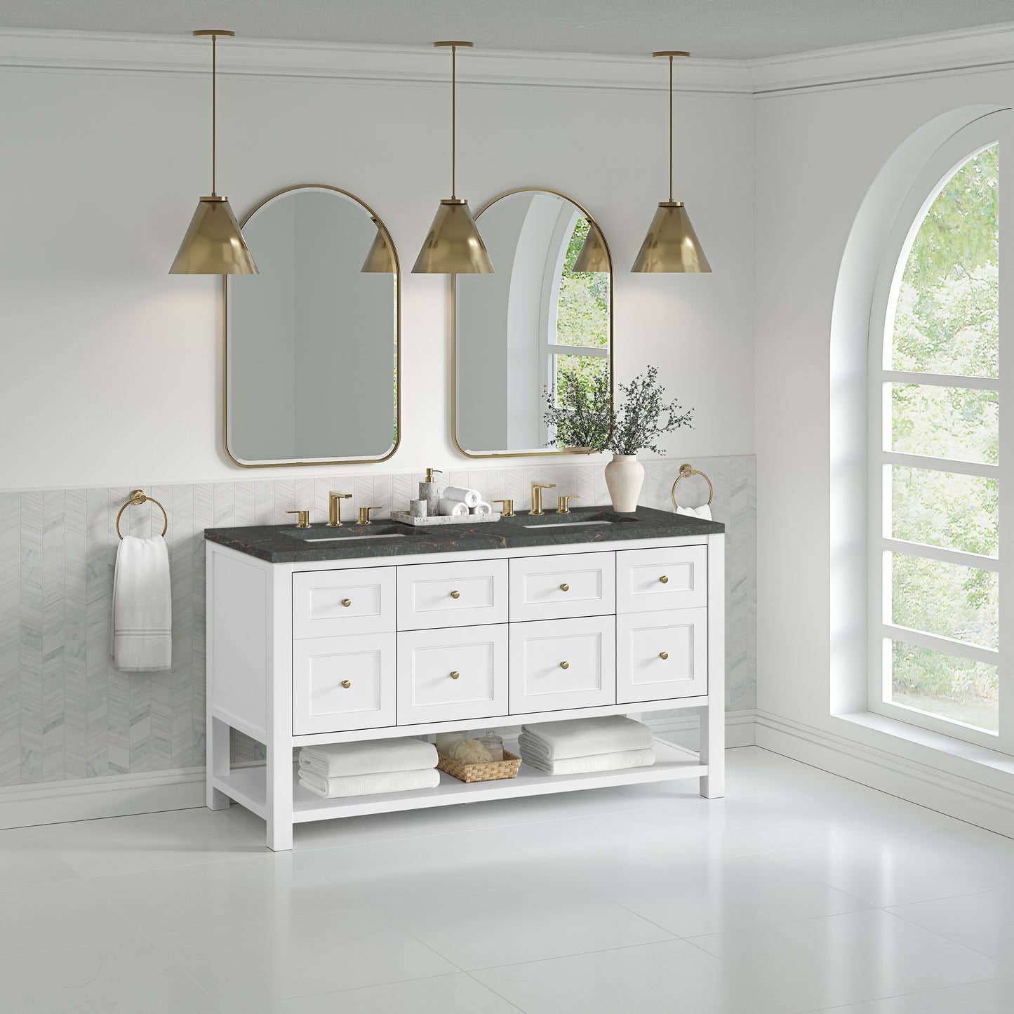 Breckenridge 60" Double Vanity, Bright White, w/ 3 CM Parisien Bleu Quartz Top