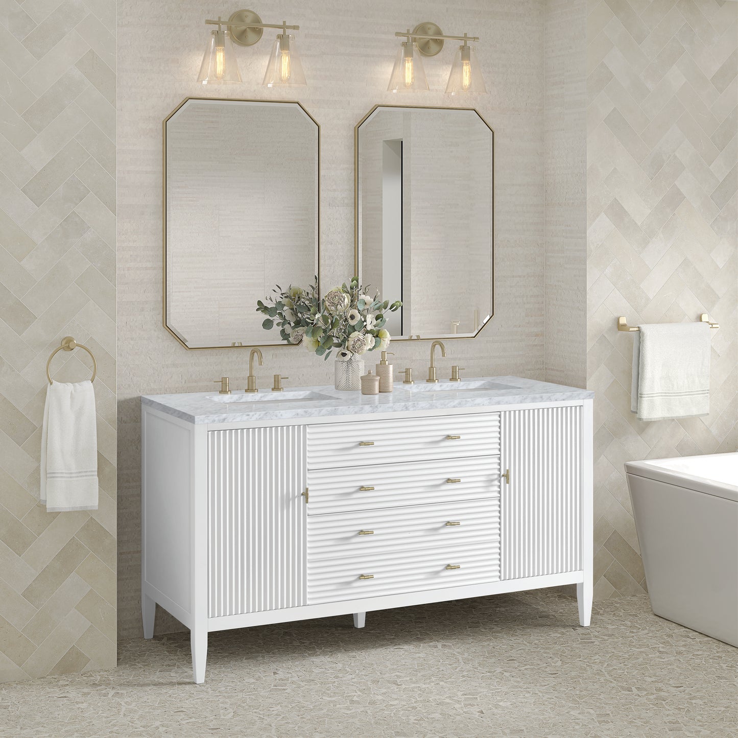 Myrrin 60" Double Vanity, Bright White w/ 3 CM Carrara White Marble Top