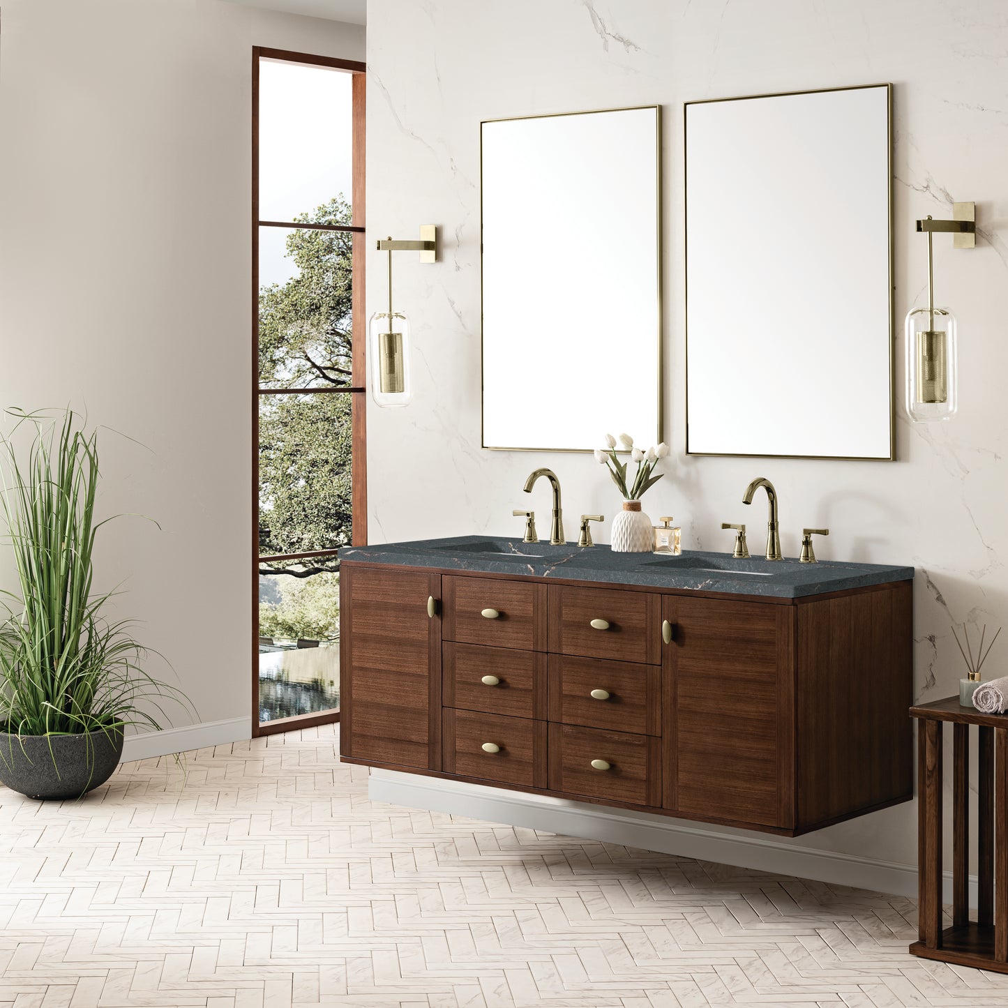 Amberly 60" Double Vanity, Mid-Century Walnut w/ 3 CM Parisien Bleu Top