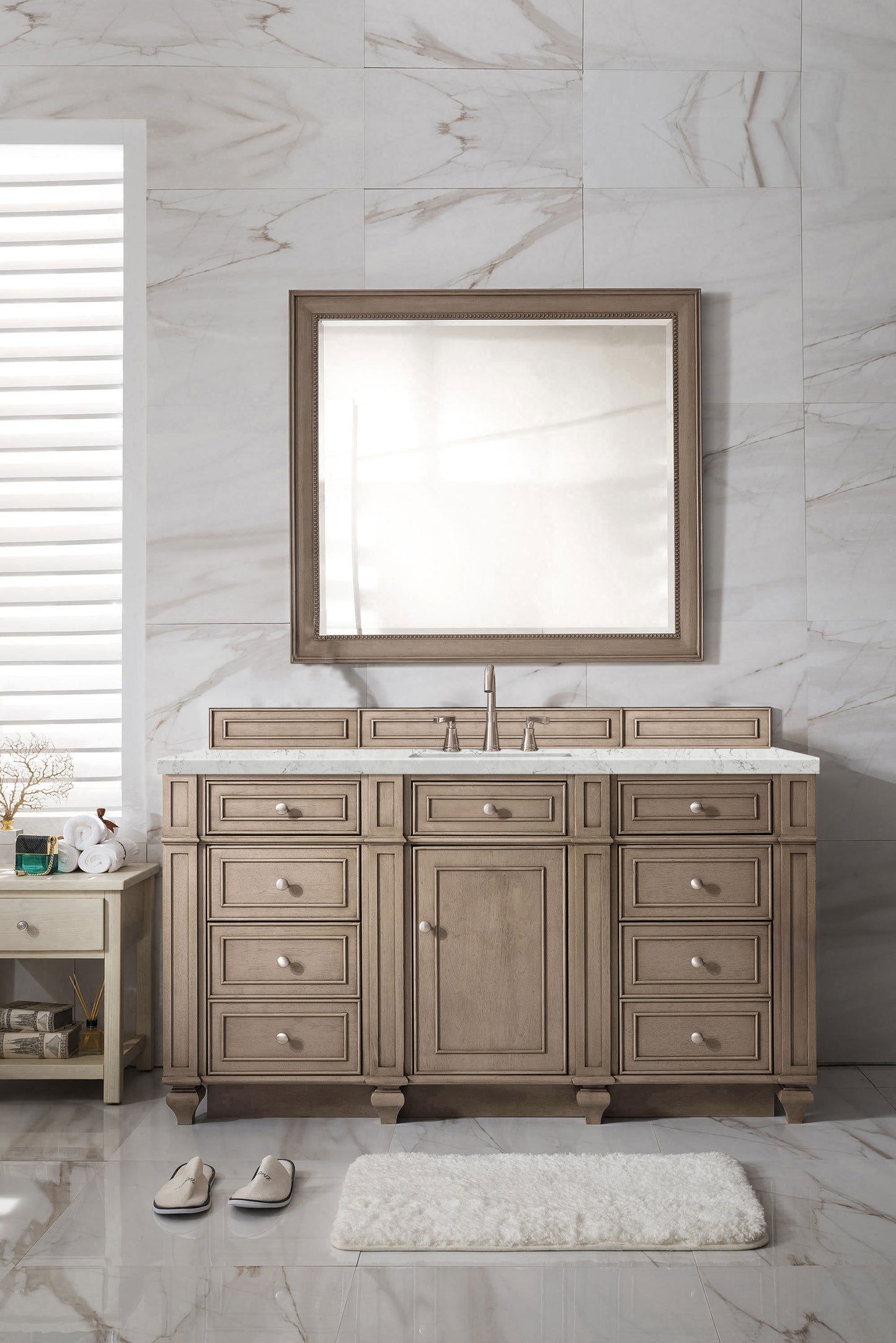 Bristol 60" Single Vanity, Whitewashed Walnut w/ 3 CM Eternal Jasmine Pearl Silestone Top
