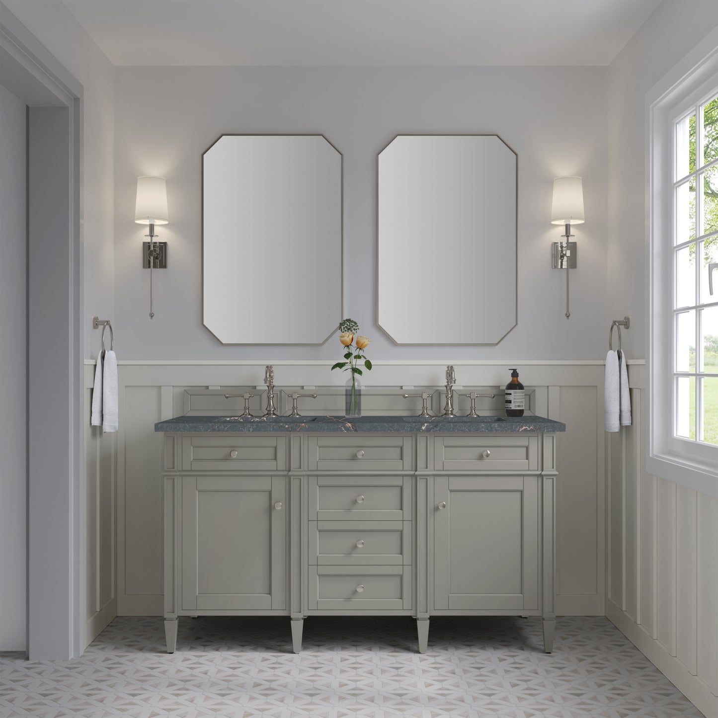 Brittany 60" Double Vanity, Urban Gray w/ 3 CM Parisien Bleu Silestone Top