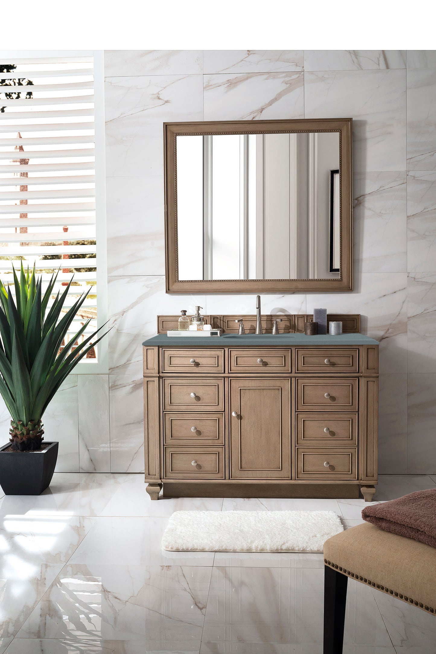 Bristol 48" Single Vanity, Whitewashed Walnut w/ 3 CM Cala Blue Silestone Top