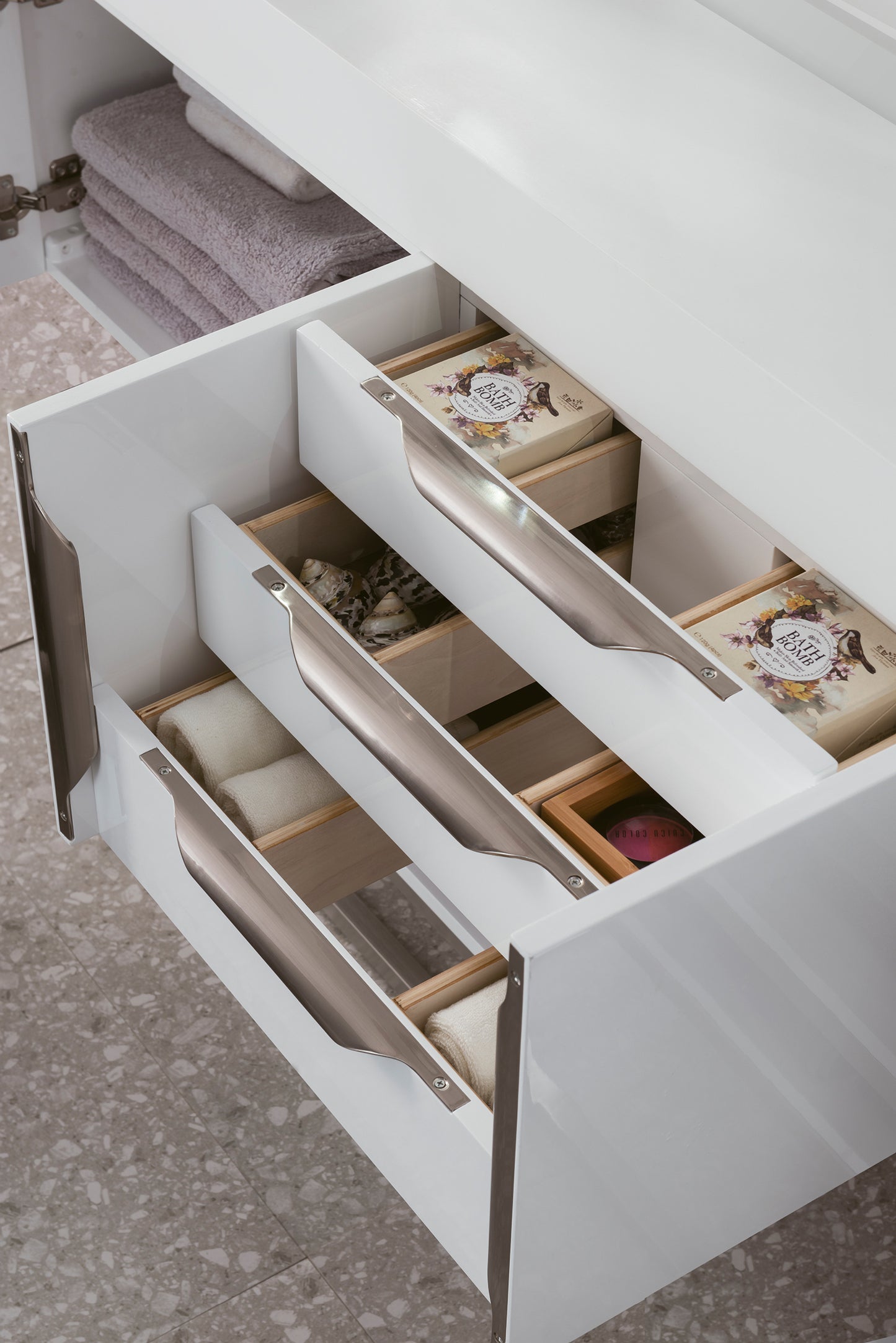 Columbia 72" Double Wall Mount Vanity, Glossy White, Brushed Nickel w/ Glossy White Composite Stone Top