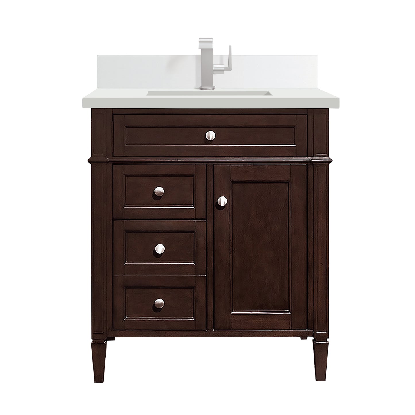 Brittany 30" Single Vanity, Burnished Mahogany, w/ Single Hole 3 CM White Zeus Silestone Top & Backsplash