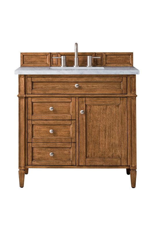 Brittany 36" Single Vanity, Saddle Brown w/ 3 CM Carrara Marble Top