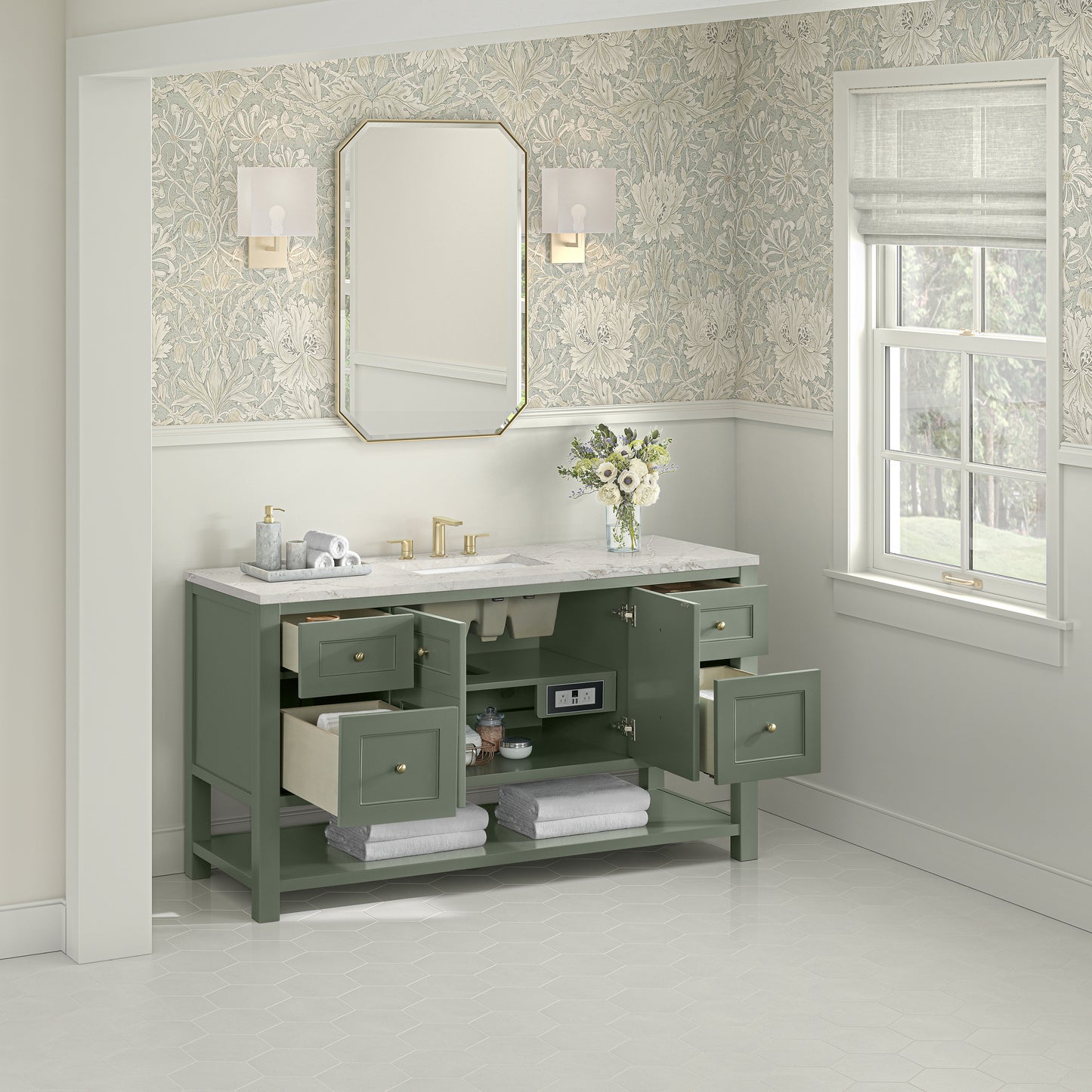 Breckenridge 60" Single Vanity, Smokey Celadon, w/ 3 CM Victorian Silver Silestone Top w/ FreePower Wireless Charger