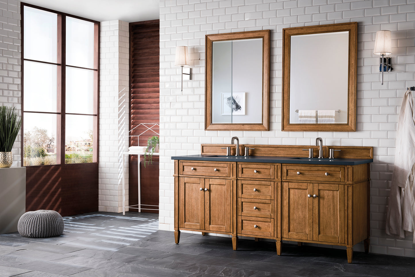 Brittany 72" Double Vanity, Saddle Brown w/ 3 CM Charcoal Soapstone Silestone Top