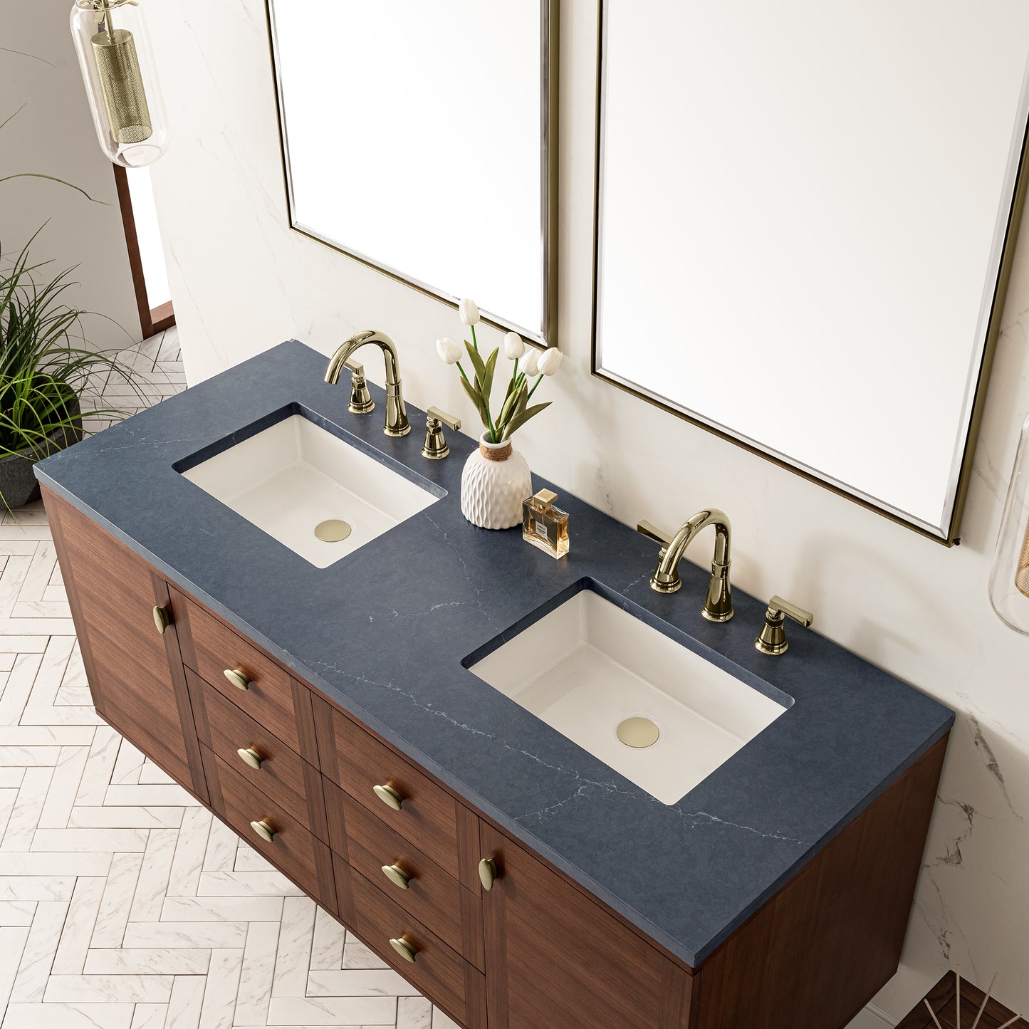 Amberly 60" Double Vanity, Mid-Century Walnut w/ 3 CM Charcoal Soapstone Top
