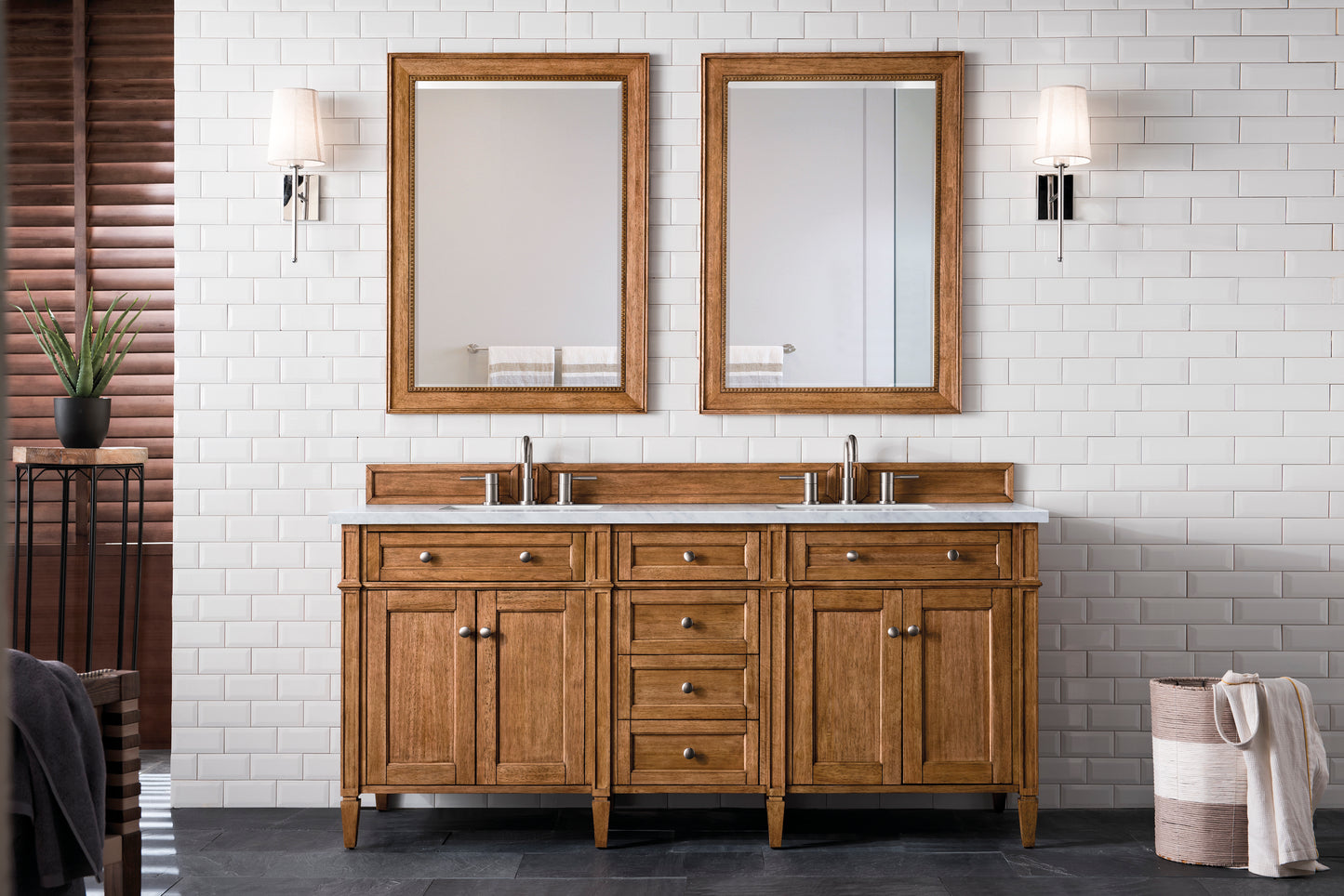 Brittany 72" Double Vanity, Saddle Brown w/ 3 CM Carrara Marble Top