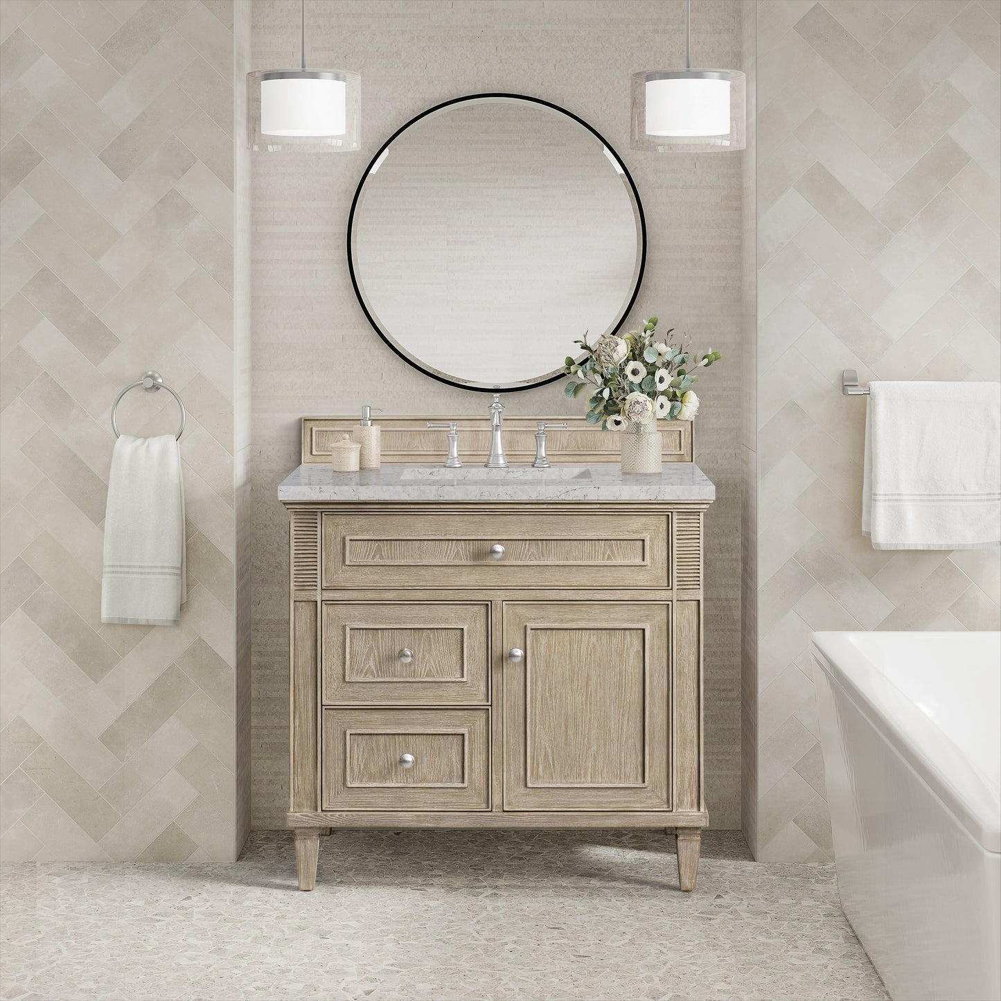 Lorelai 36" Single Vanity, Whitewashed Oak w/ 3 CM Eternal Jasmine Pearl Silestone Top