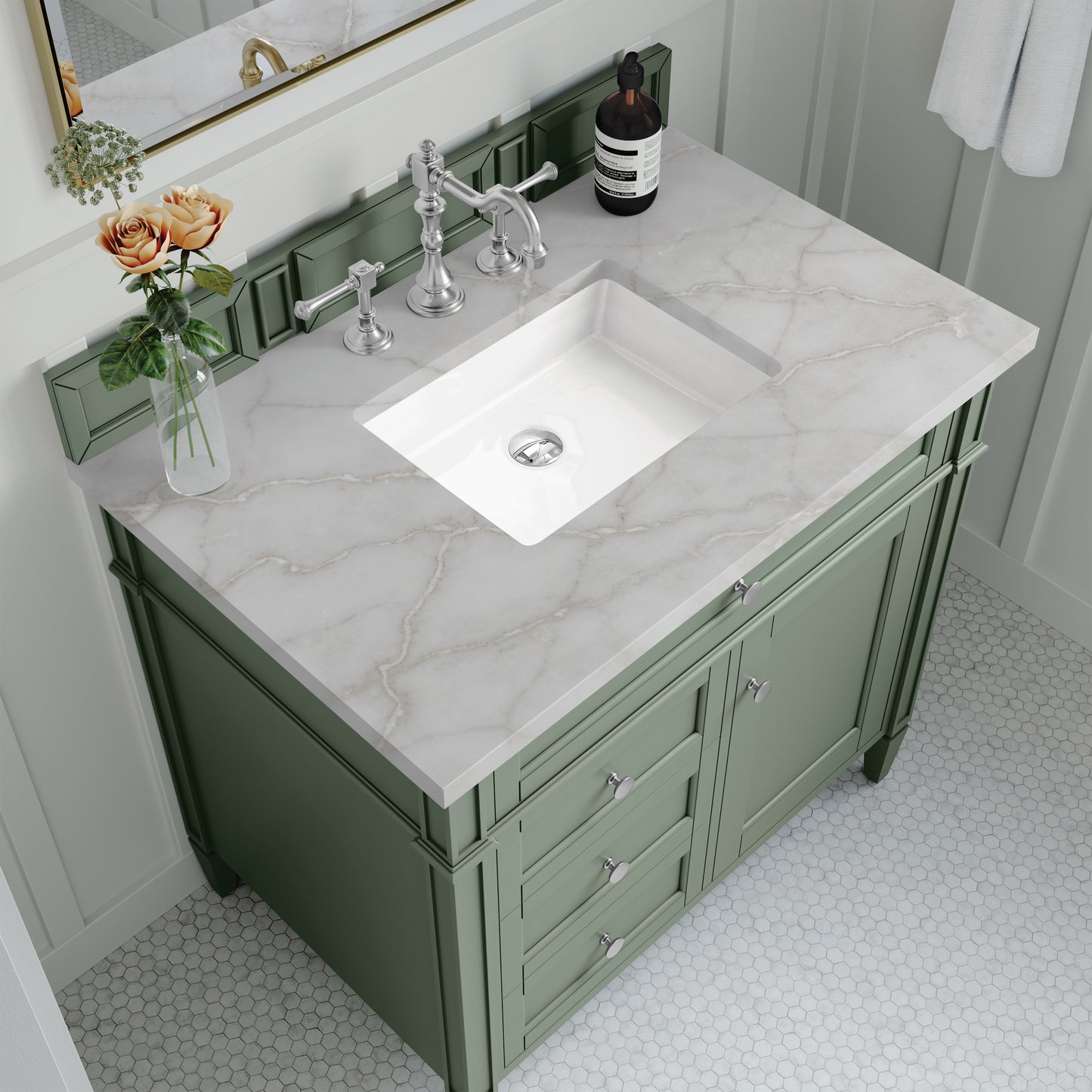 Brittany 36" Single Vanity, Smokey Celadon w/ 3 CM Victorian Silver Top