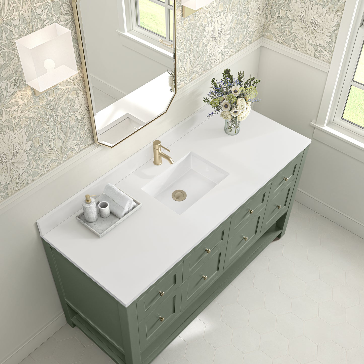 Breckenridge 60" Single Vanity, Smokey Celadon, w/ Single Hole 3 CM White Zeus Quartz Top & Backsplash
