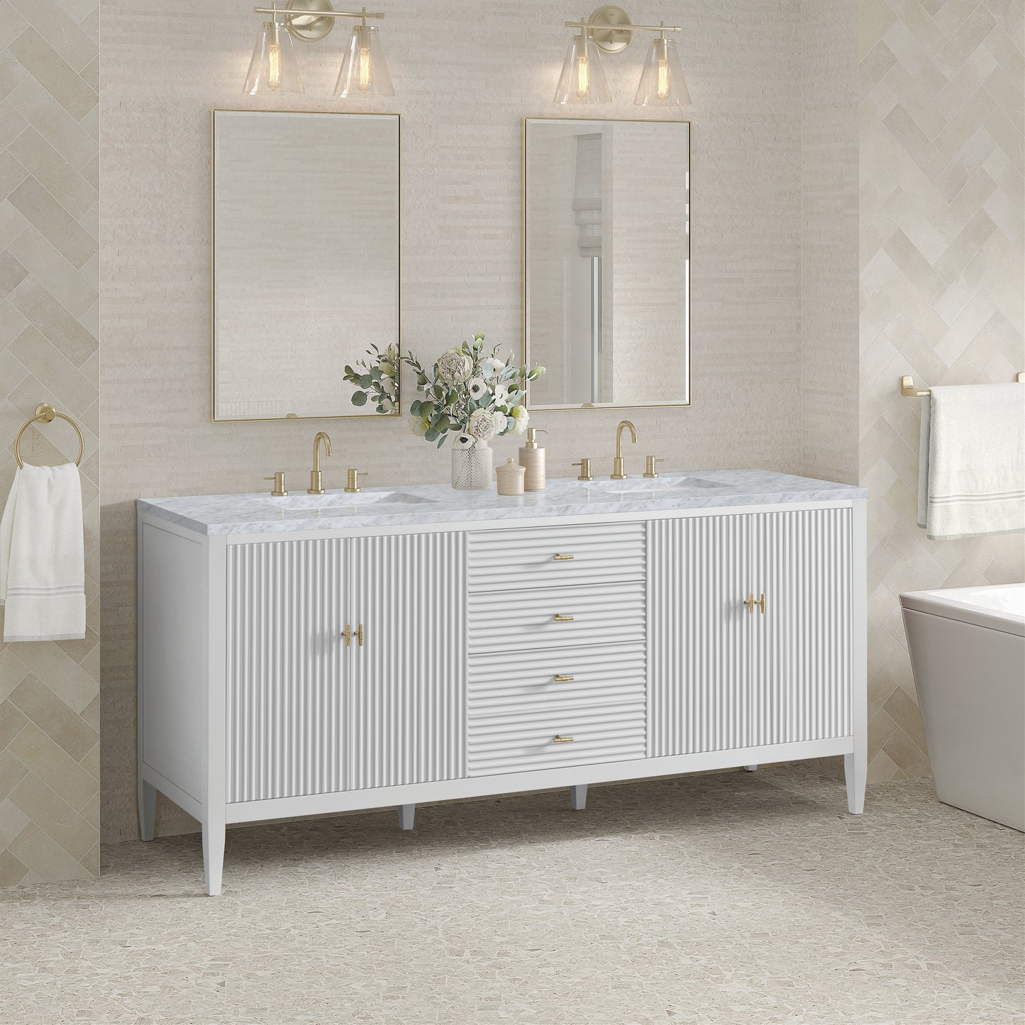 Myrrin 72" Double Vanity, Bright White w/ 3 CM Carrara White Marble Top