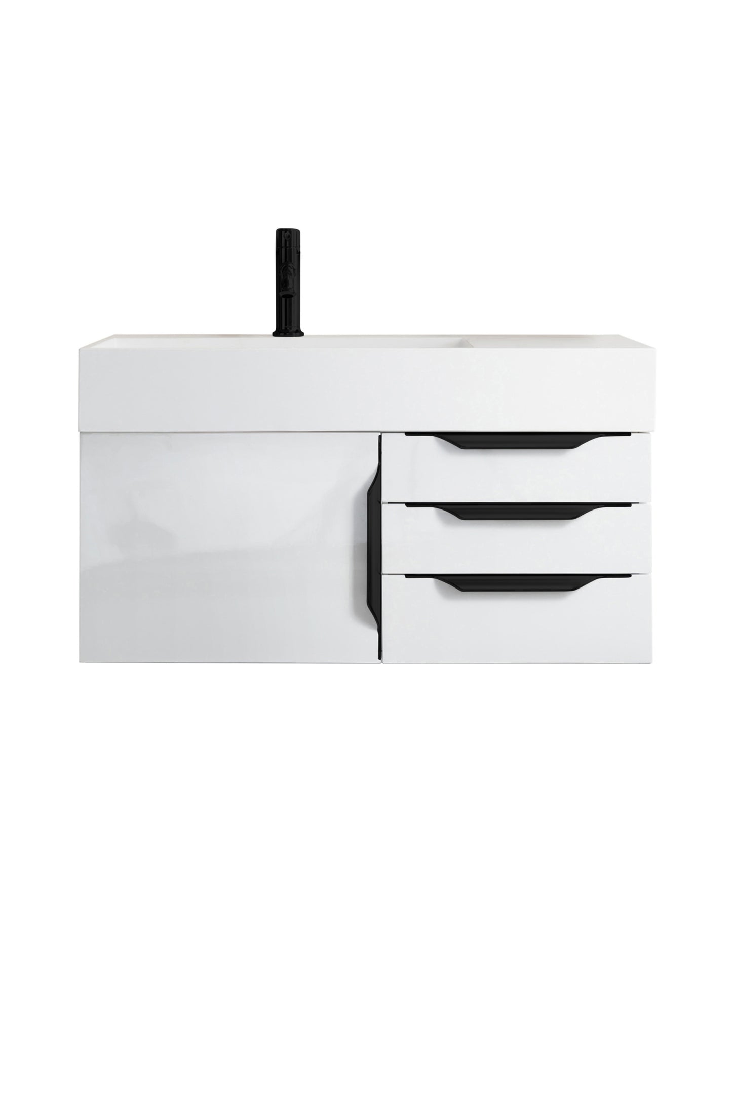 Columbia 36" Single Wall Mount Vanity, Glossy White, Matte Black w/ Glossy White Composite Stone Top